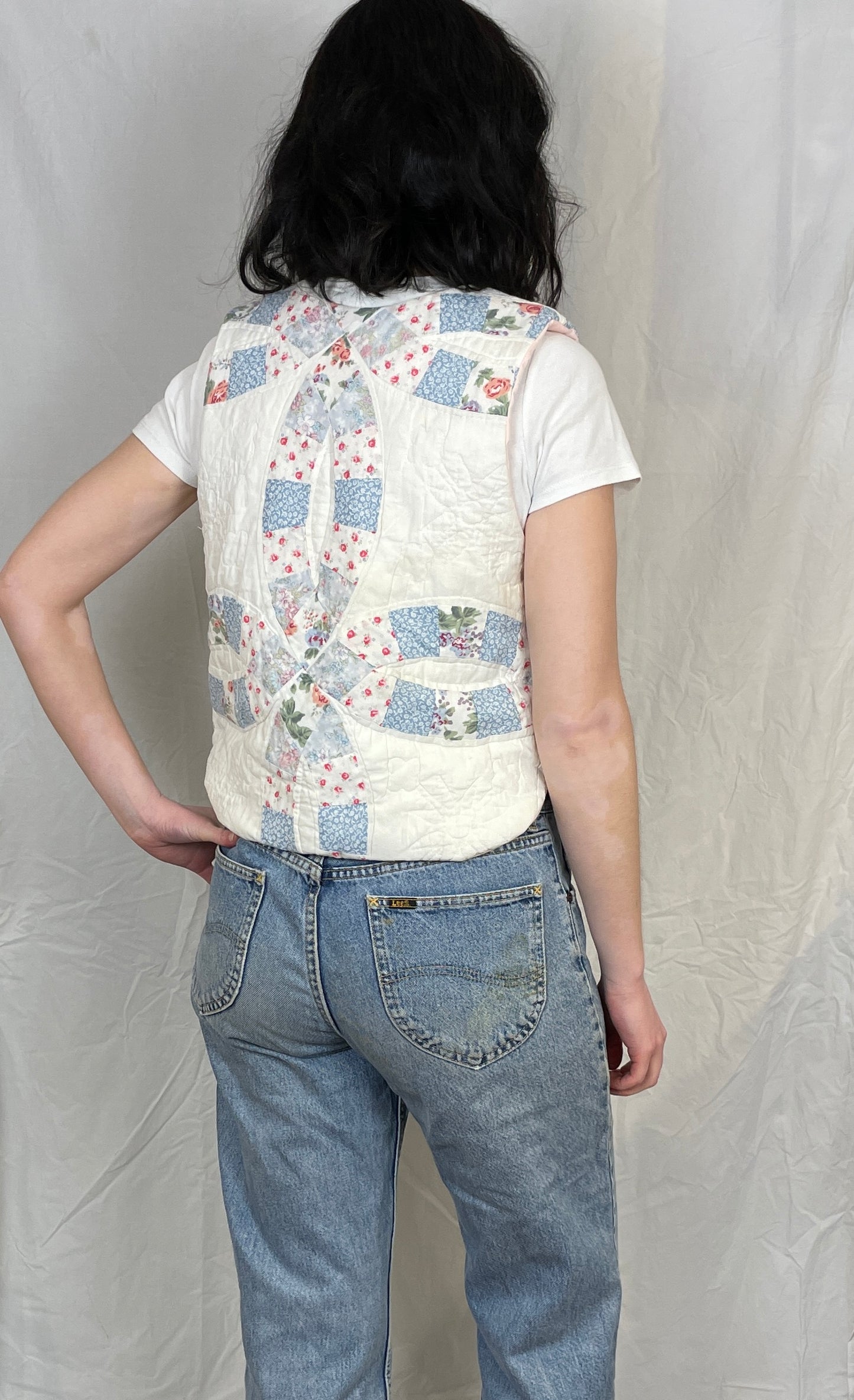 Zoe Handmade Pink and Blue Floral Tie Front Quilted Vest Gilet - Up To Size 10