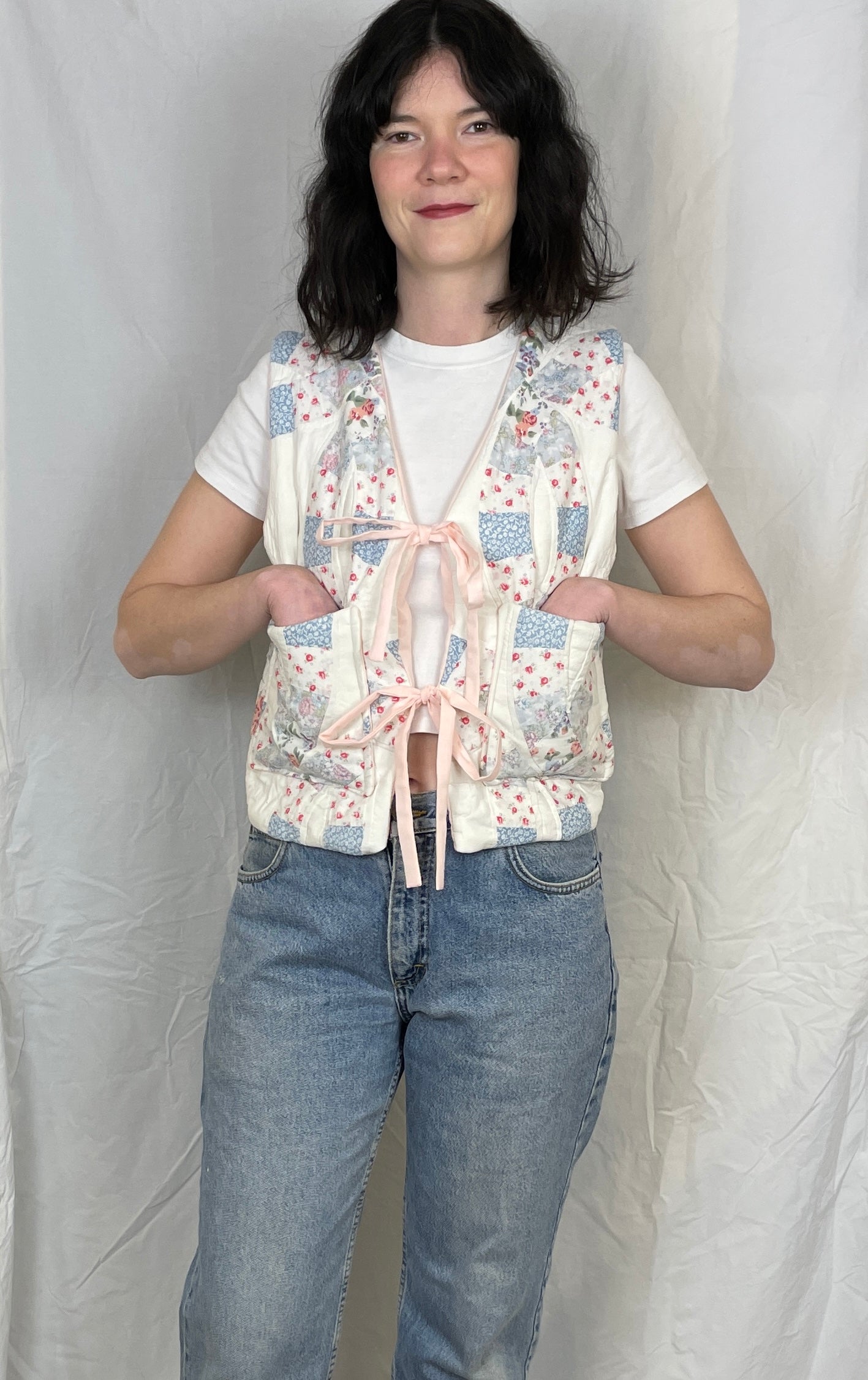Zoe Handmade Pink and Blue Floral Tie Front Quilted Vest Gilet - Up To Size 10