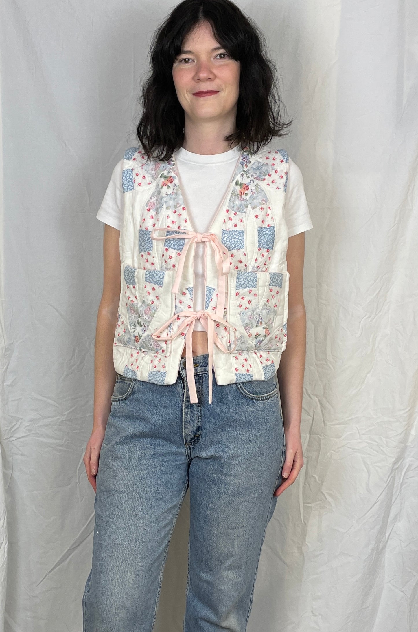 Zoe Handmade Pink and Blue Floral Tie Front Quilted Vest Gilet - Up To Size 10