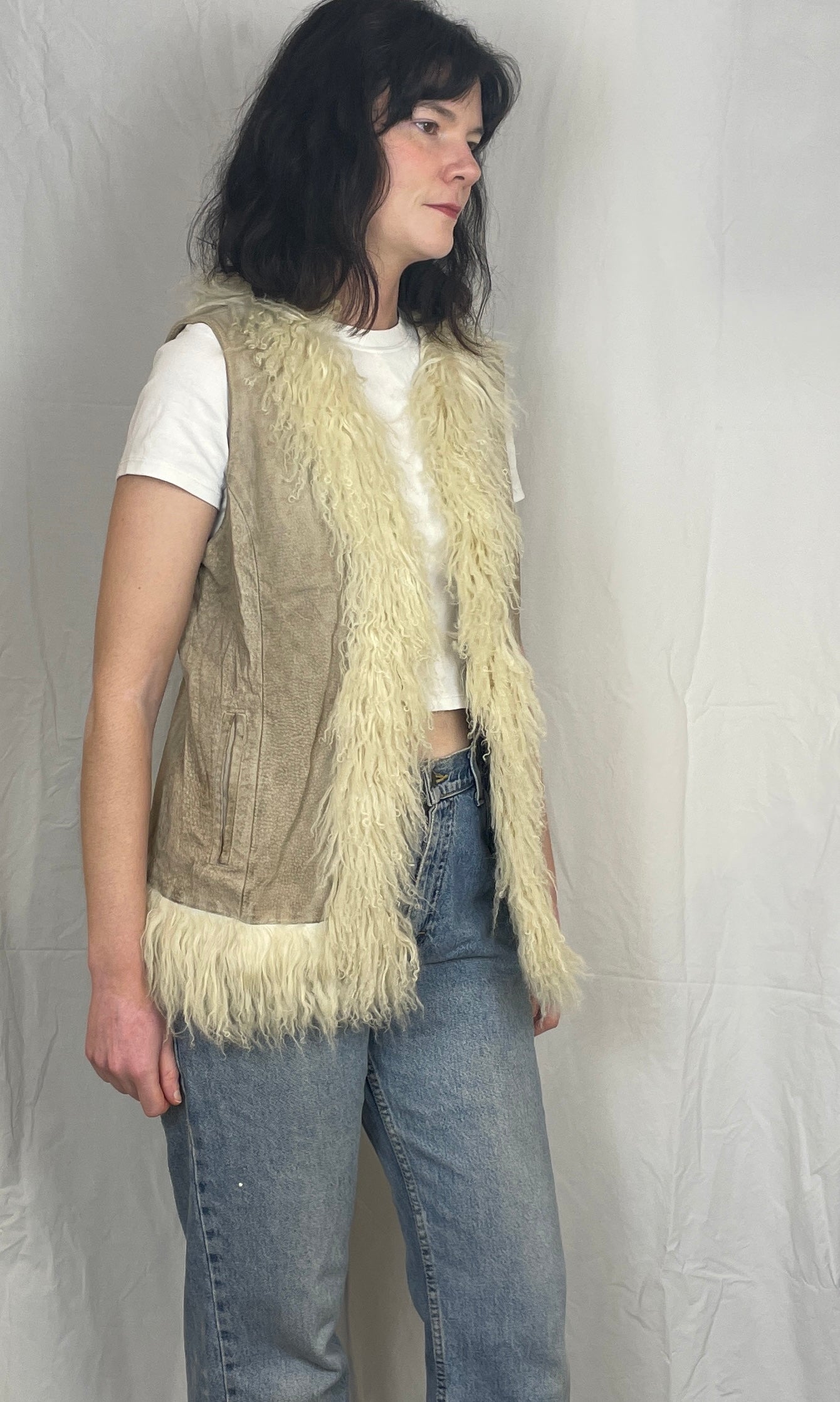 Vintage 00s Beige Suede Leather Mongolian Trim Gilet - Up To Size 14