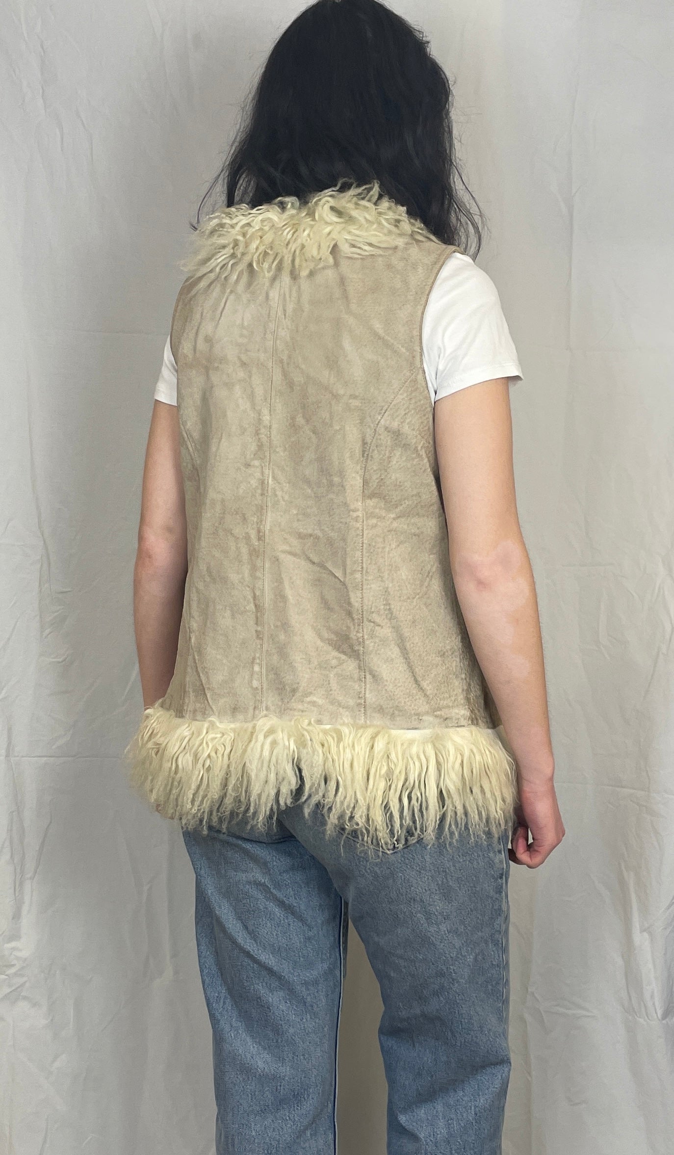 Vintage 00s Beige Suede Leather Mongolian Trim Gilet - Up To Size 14