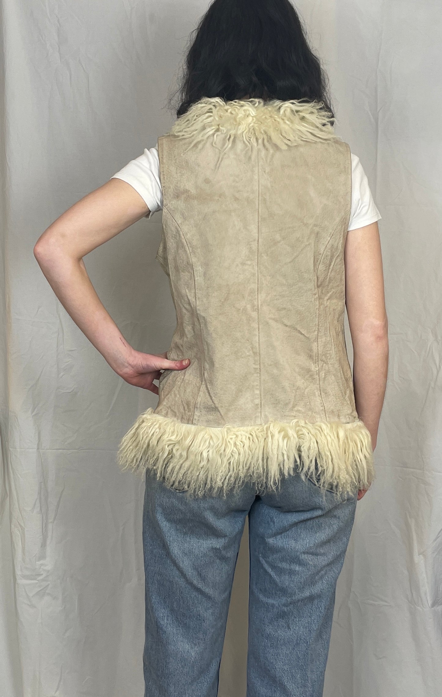 Vintage 00s Beige Suede Leather Mongolian Trim Gilet - Up To Size 14