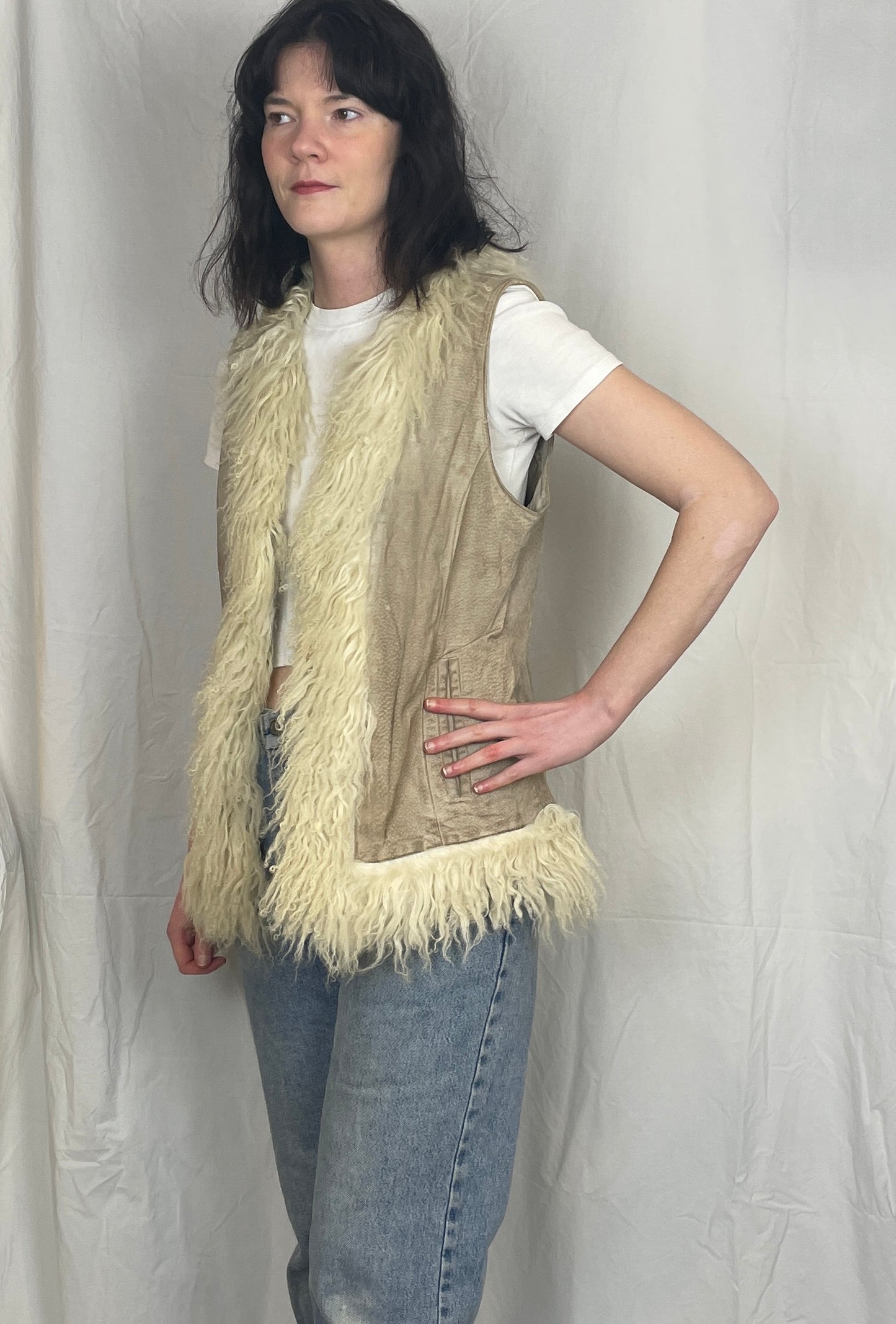 Vintage 00s Beige Suede Leather Mongolian Trim Gilet - Up To Size 14