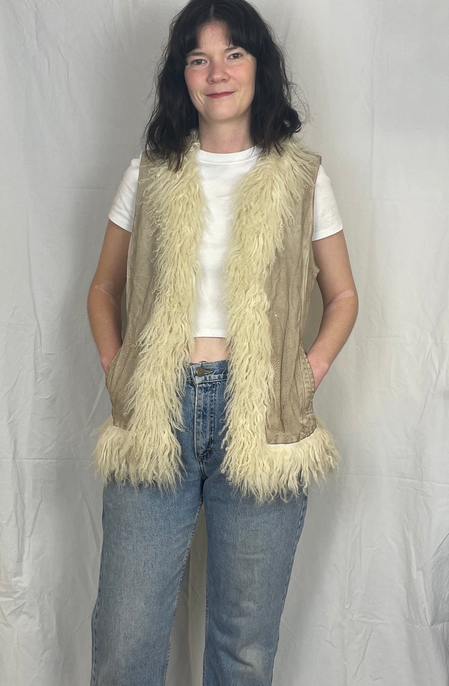 Vintage 00s Beige Suede Leather Mongolian Trim Gilet - Up To Size 14