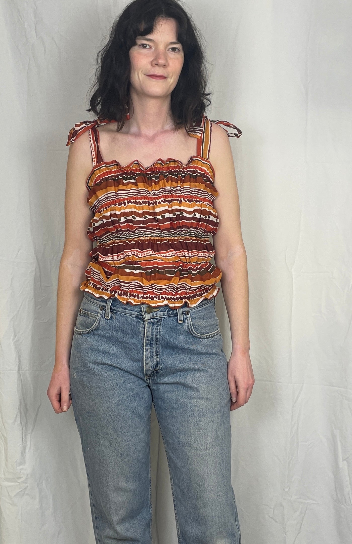 Polly Handmade Orange Print Shirred Elastic Crop Top - Up To Size 10
