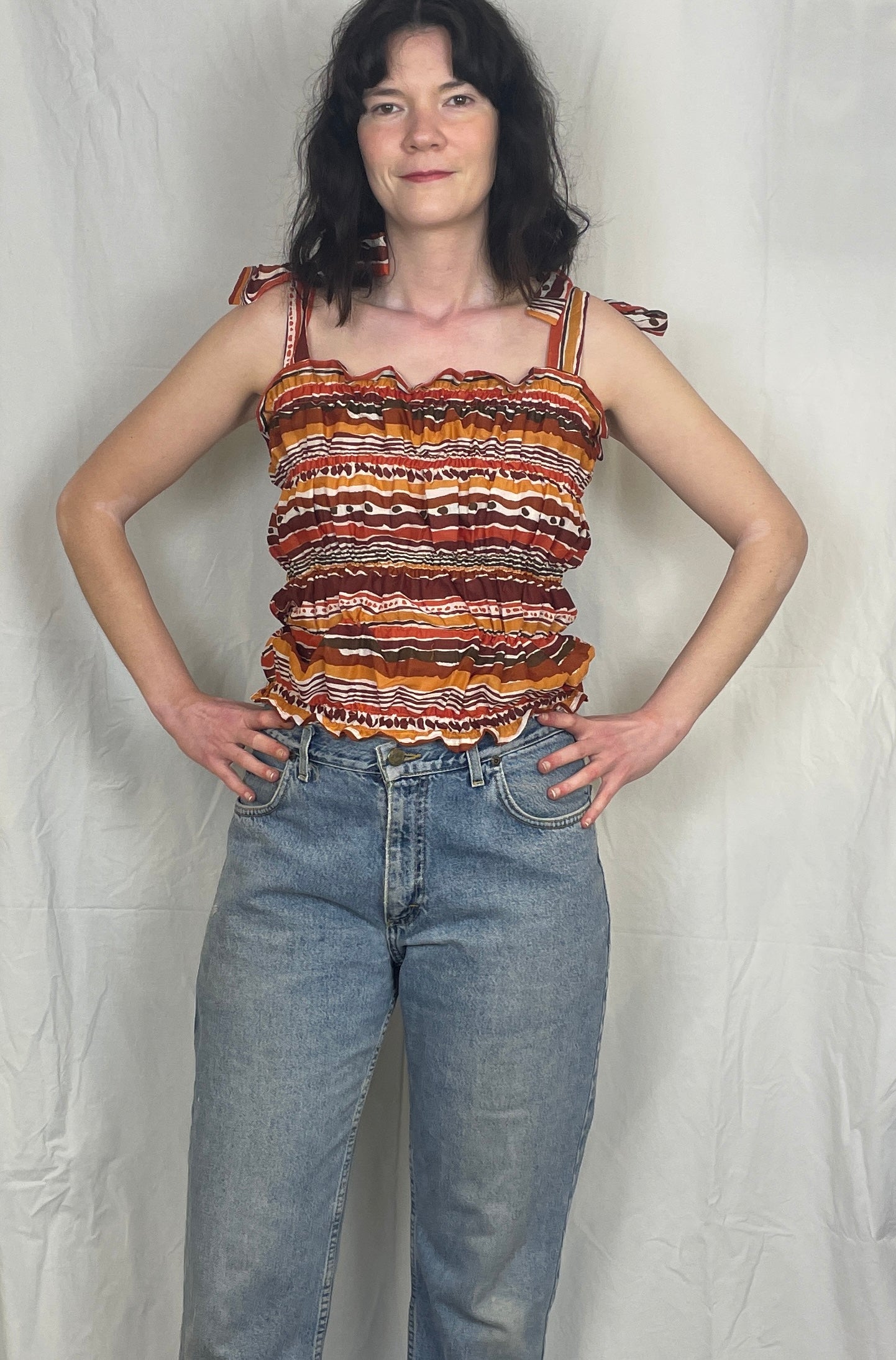 Polly Handmade Orange Print Shirred Elastic Crop Top - Up To Size 10