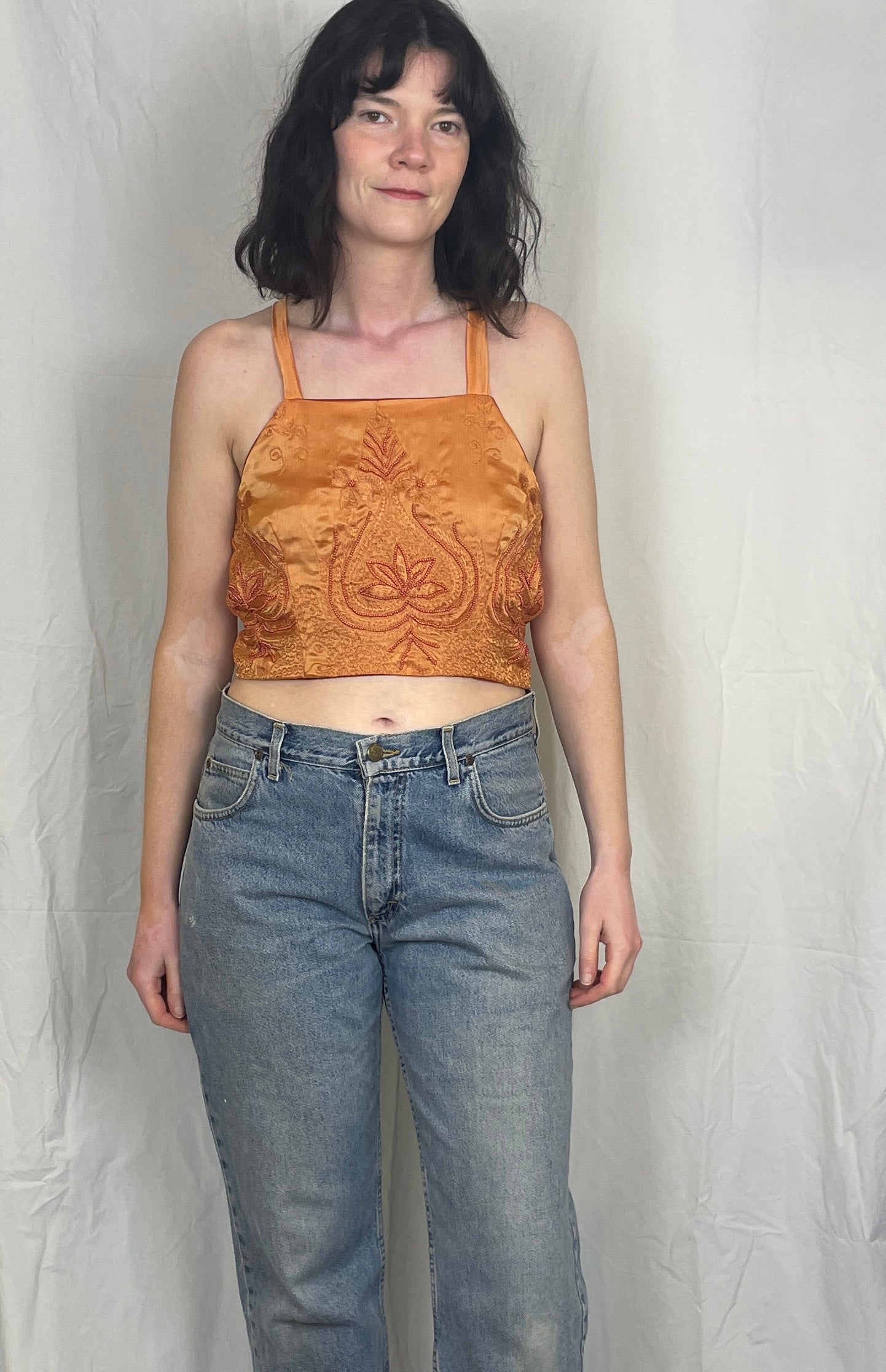 Zarah Handmade Orange Silk Beaded Cross Strap Tie Back Crop Top - Up To Size 8