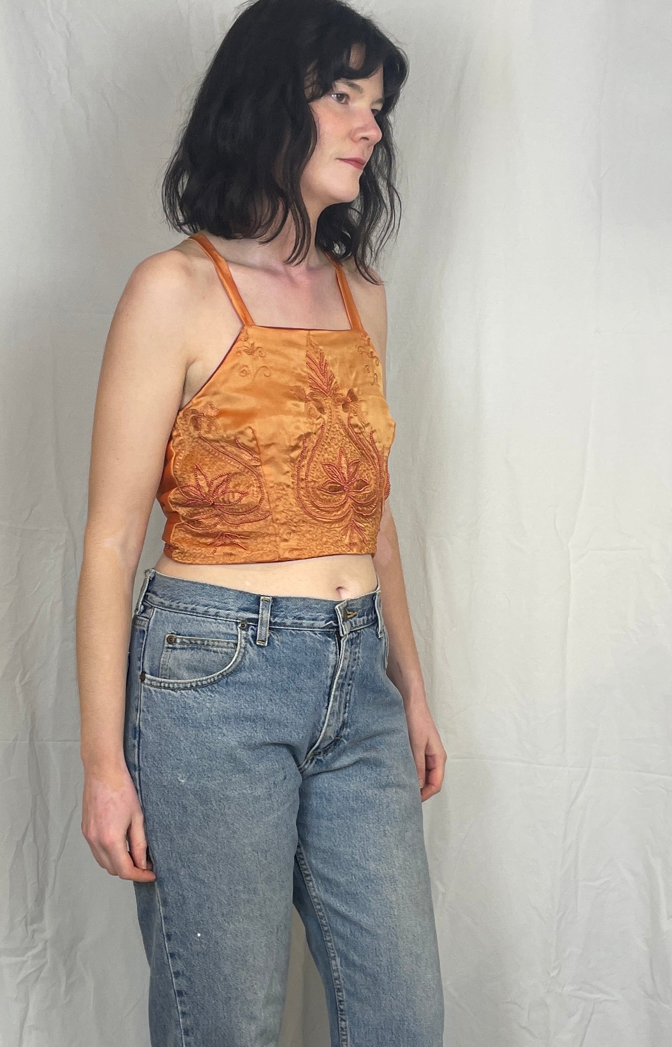 Zarah Handmade Orange Silk Beaded Cross Strap Tie Back Crop Top - Up To Size 8