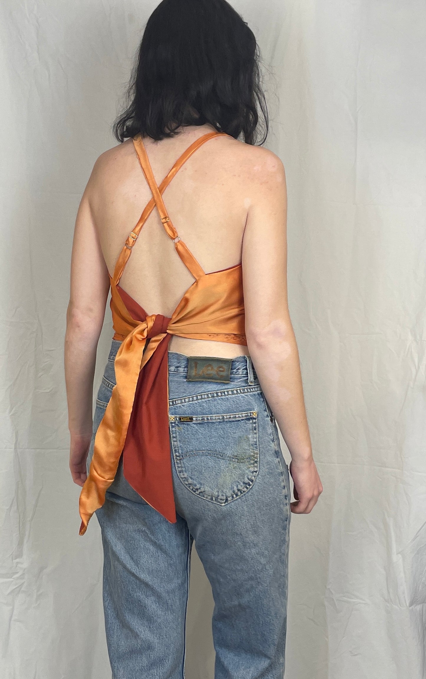 Zarah Handmade Orange Silk Beaded Cross Strap Tie Back Crop Top - Up To Size 8