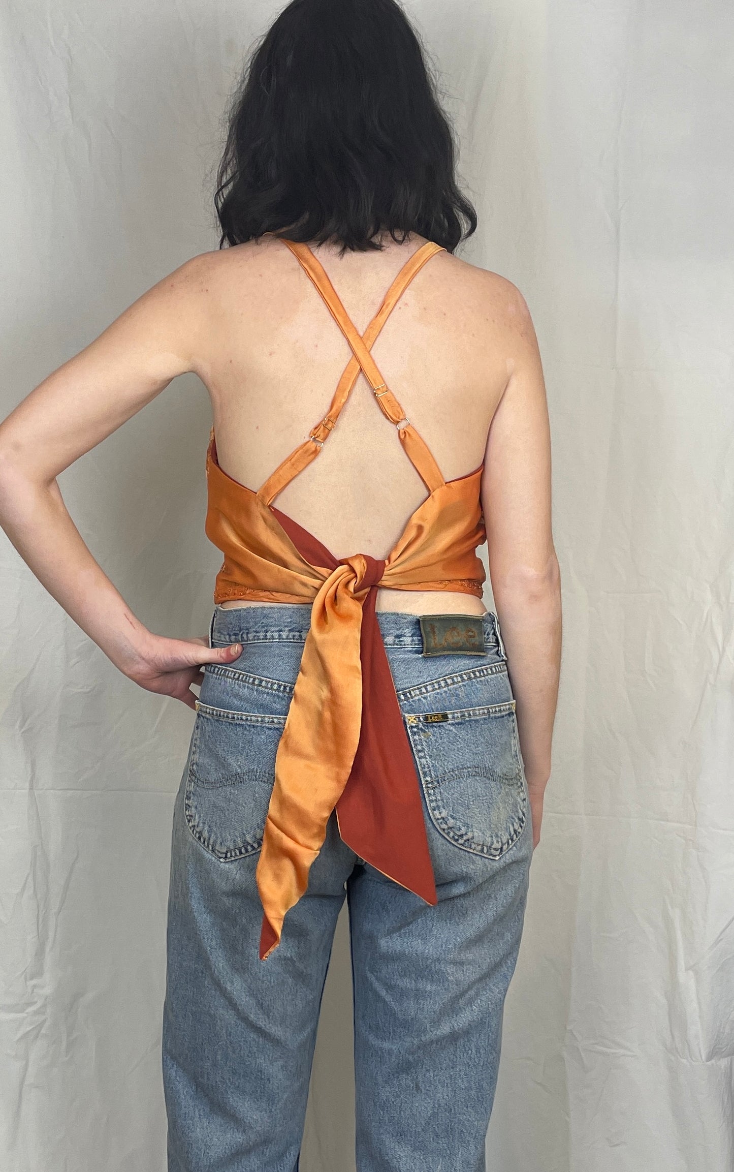 Zarah Handmade Orange Silk Beaded Cross Strap Tie Back Crop Top - Up To Size 8