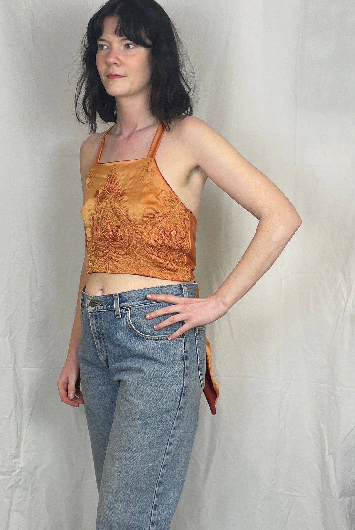 Zarah Handmade Orange Silk Beaded Cross Strap Tie Back Crop Top - Up To Size 8