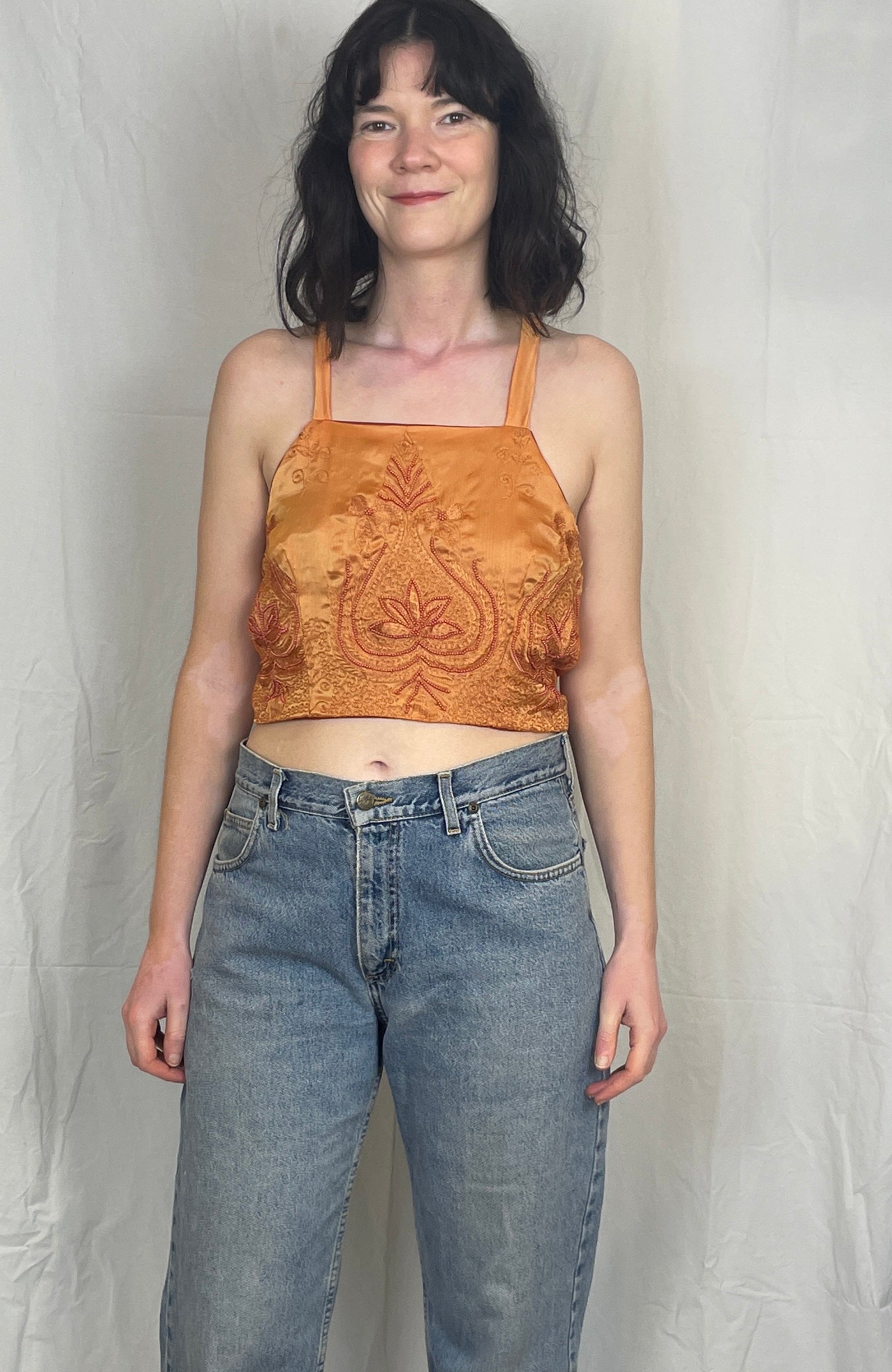 Zarah Handmade Orange Silk Beaded Cross Strap Tie Back Crop Top - Up To Size 8