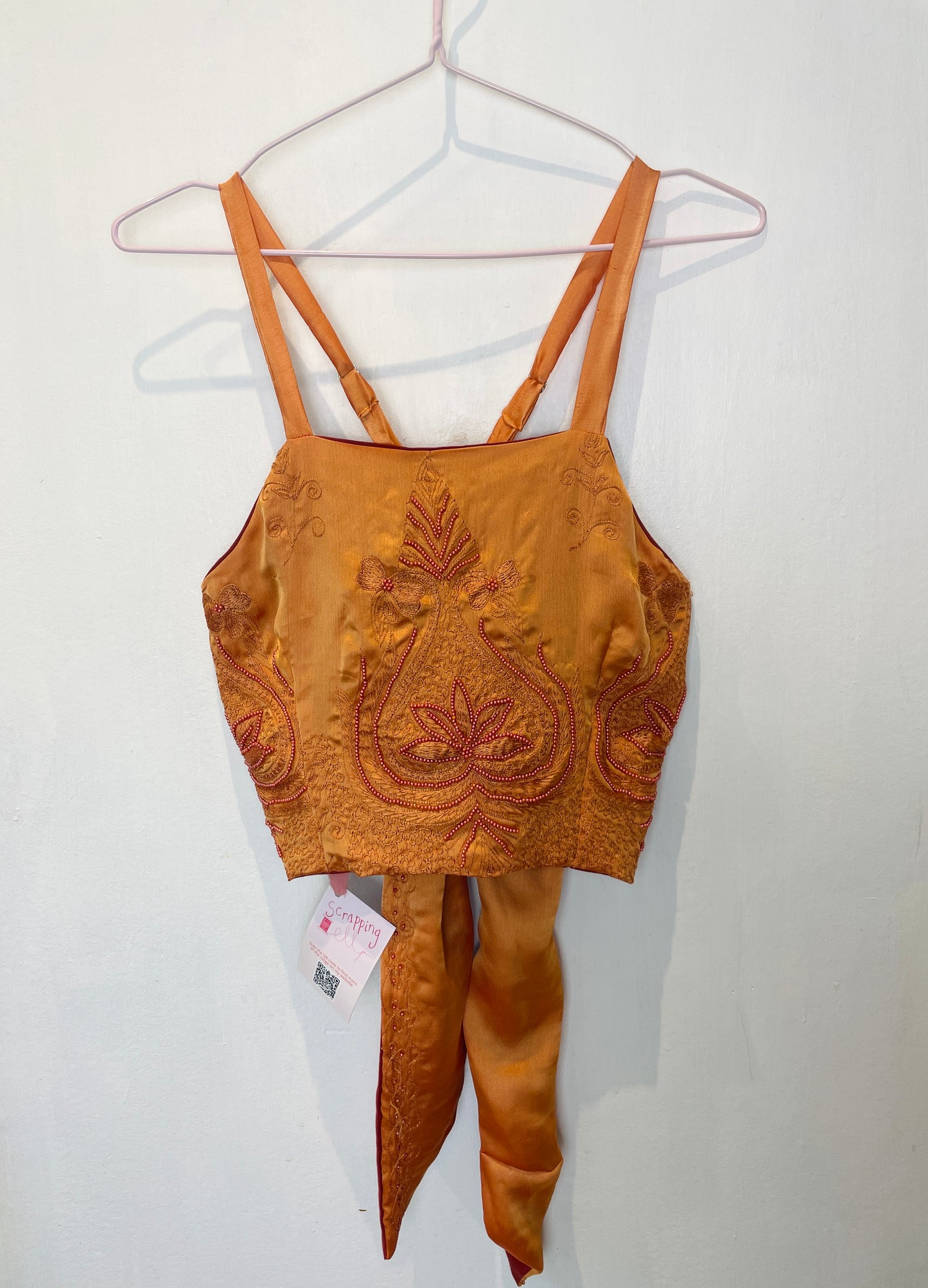 Zarah Handmade Orange Silk Beaded Cross Strap Tie Back Crop Top - Up To Size 8