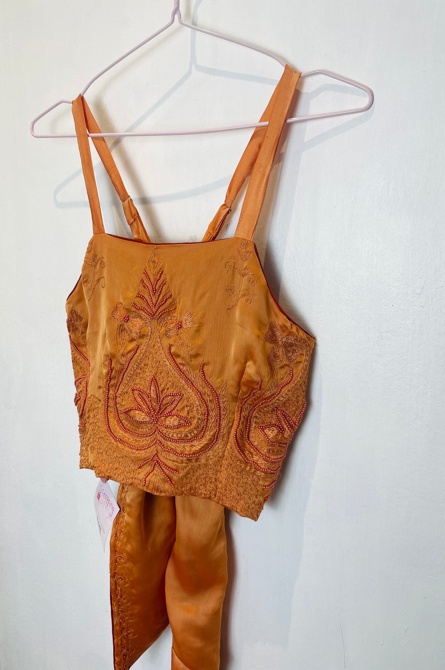 Zarah Handmade Orange Silk Beaded Cross Strap Tie Back Crop Top - Up To Size 8