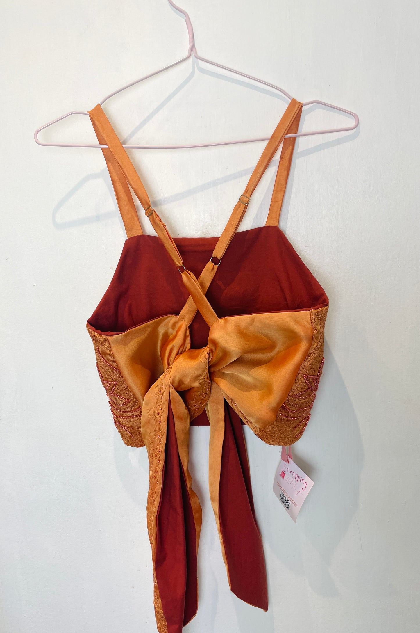 Zarah Handmade Orange Silk Beaded Cross Strap Tie Back Crop Top - Up To Size 8
