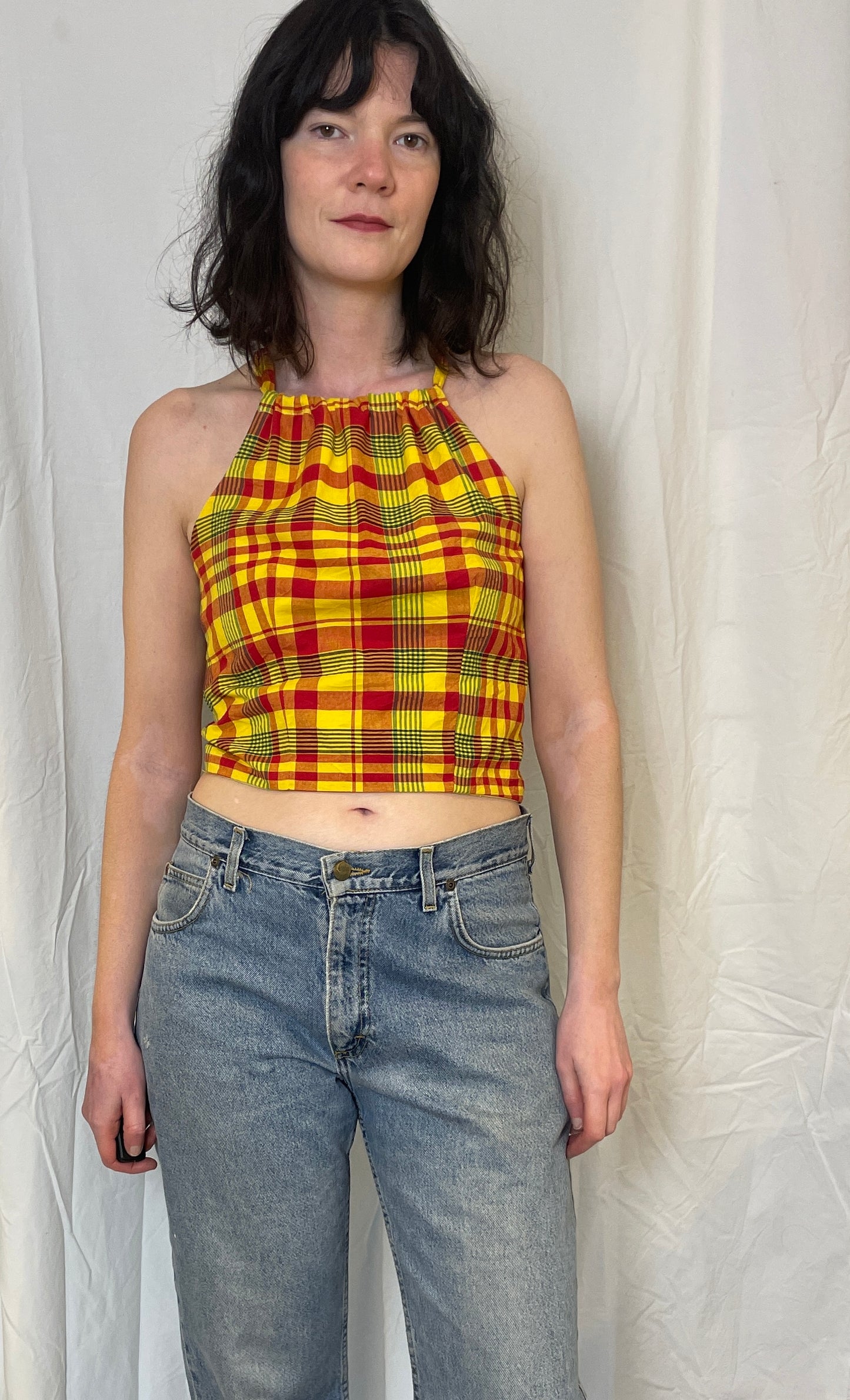 Sally Handmade Yellow Checked Lace Up Tie Back Crop Top - Up To Size 10