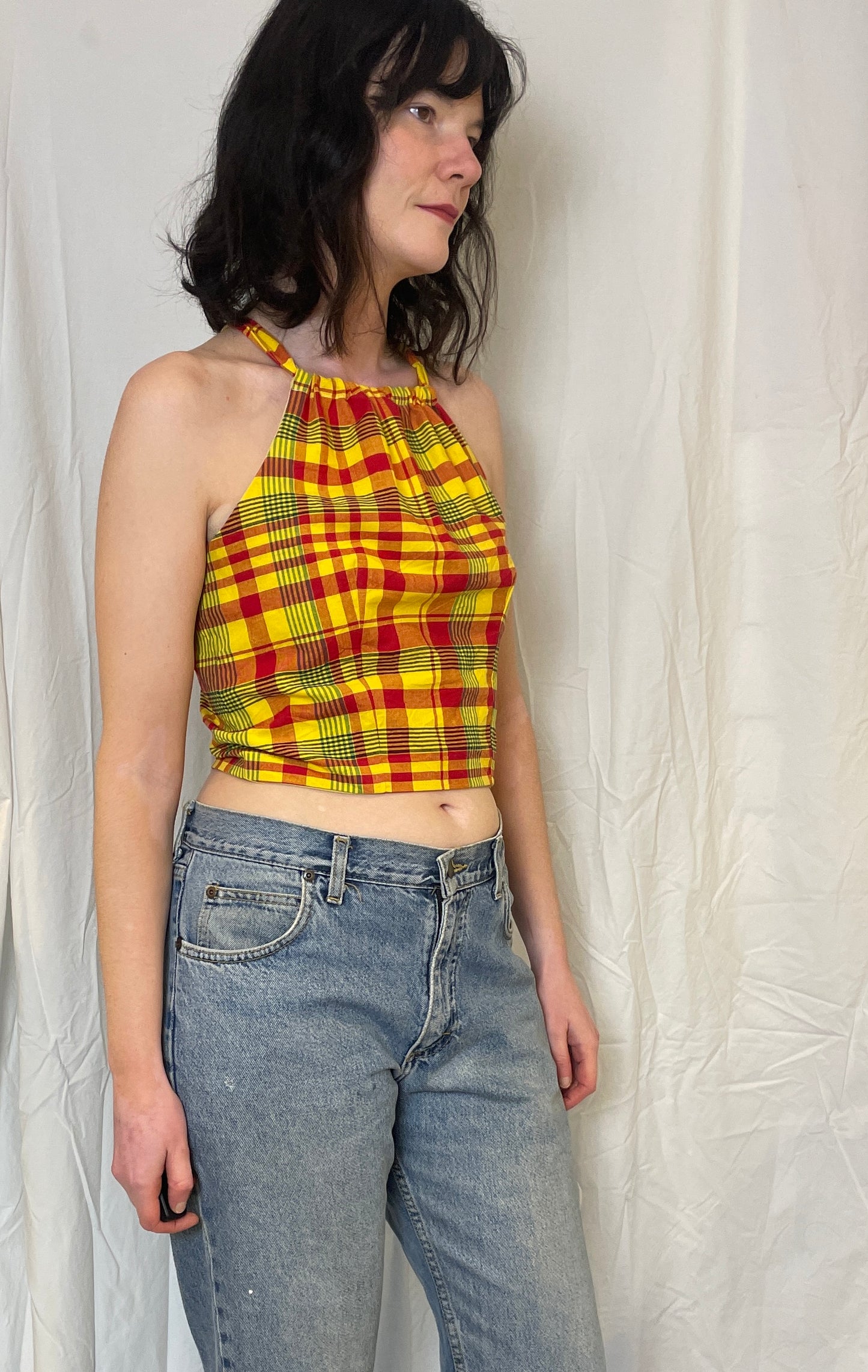 Sally Handmade Yellow Checked Lace Up Tie Back Crop Top - Up To Size 10