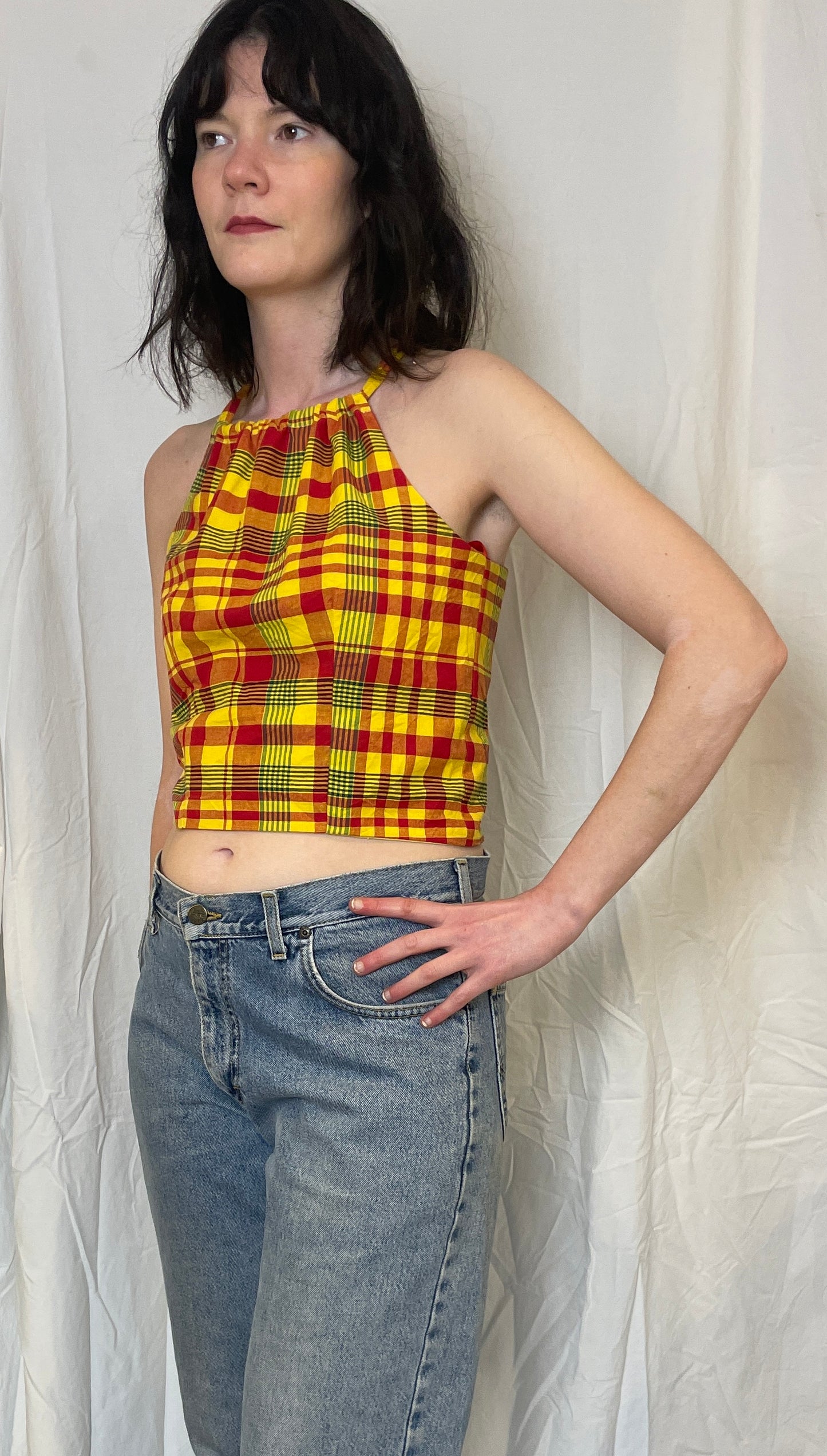 Sally Handmade Yellow Checked Lace Up Tie Back Crop Top - Up To Size 10