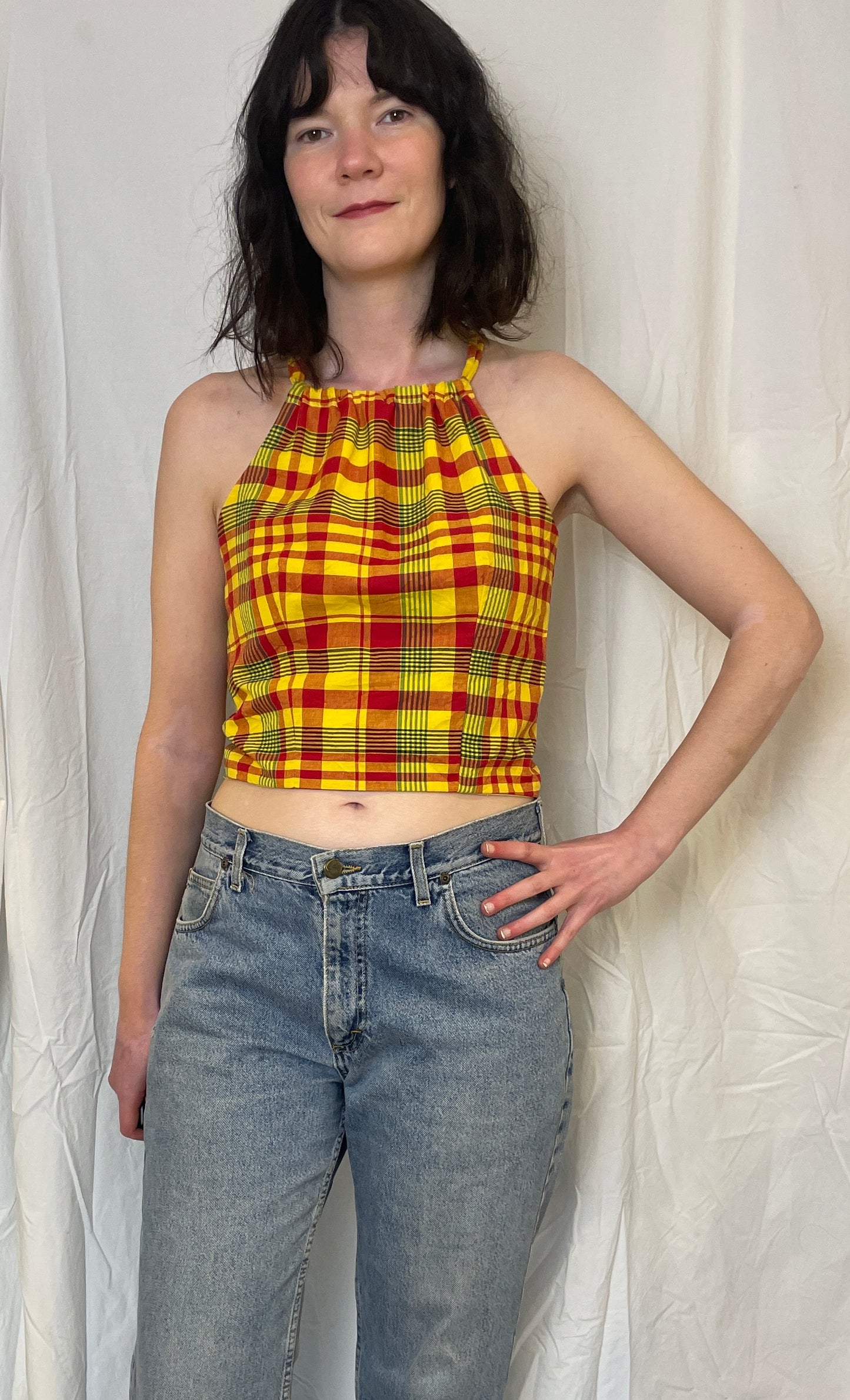Sally Handmade Yellow Checked Lace Up Tie Back Crop Top - Up To Size 10