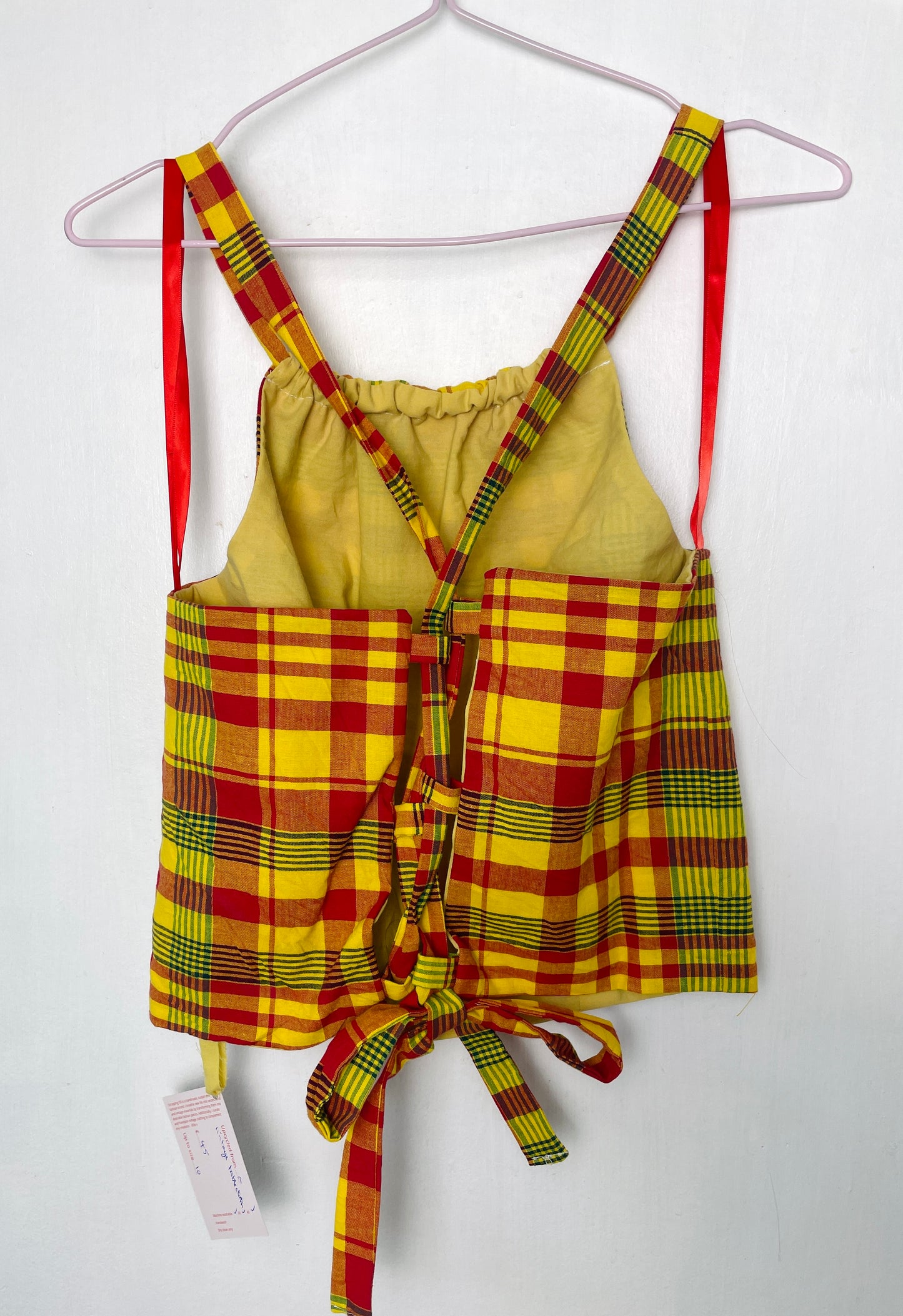 Sally Handmade Yellow Checked Lace Up Tie Back Crop Top - Up To Size 10