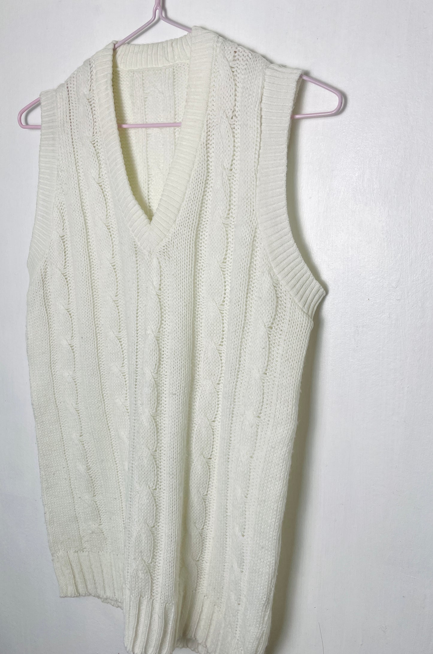 Vintage 90s White Cable Knit Long Sweater Vest - Up To Size 12
