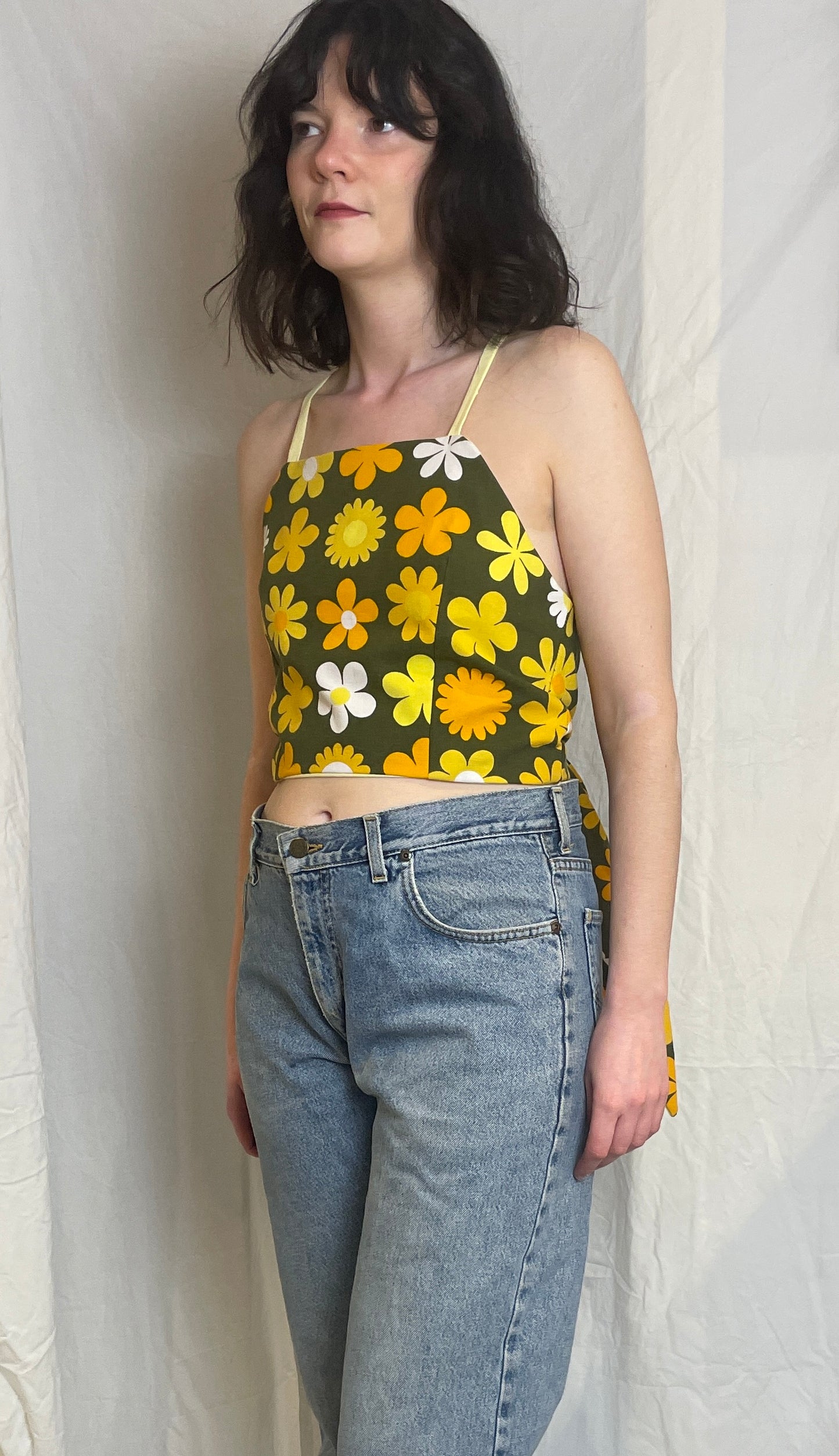 Zarah Handmade Yellow Floral Cross Strap Tie Back Crop Top - Up To Size 10
