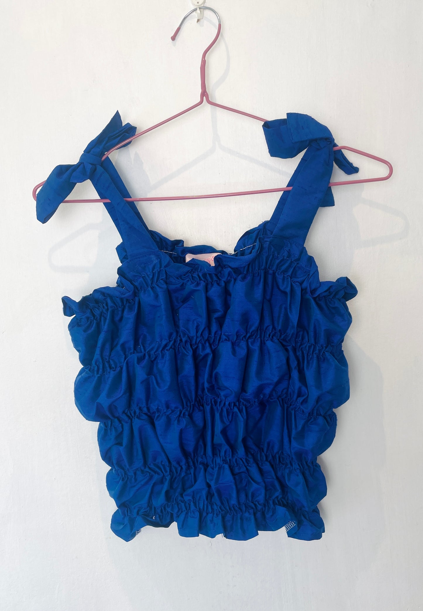 Polly Handmade Blue Silk Shirred Elastic Crop Top - Up To Size 12