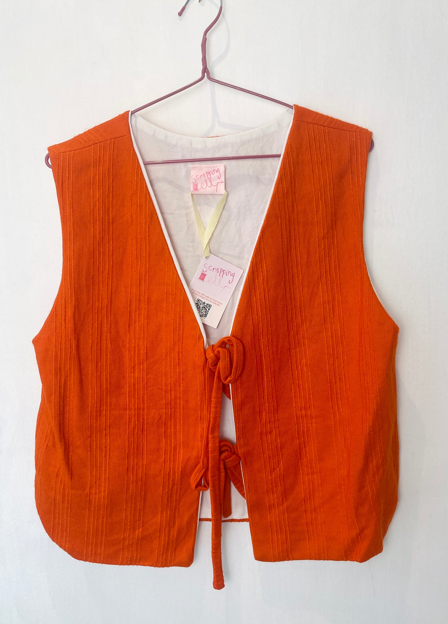 Zoe Handmade Orange Textured Barkcloth Tie Front Vest Top - Up To Size 14
