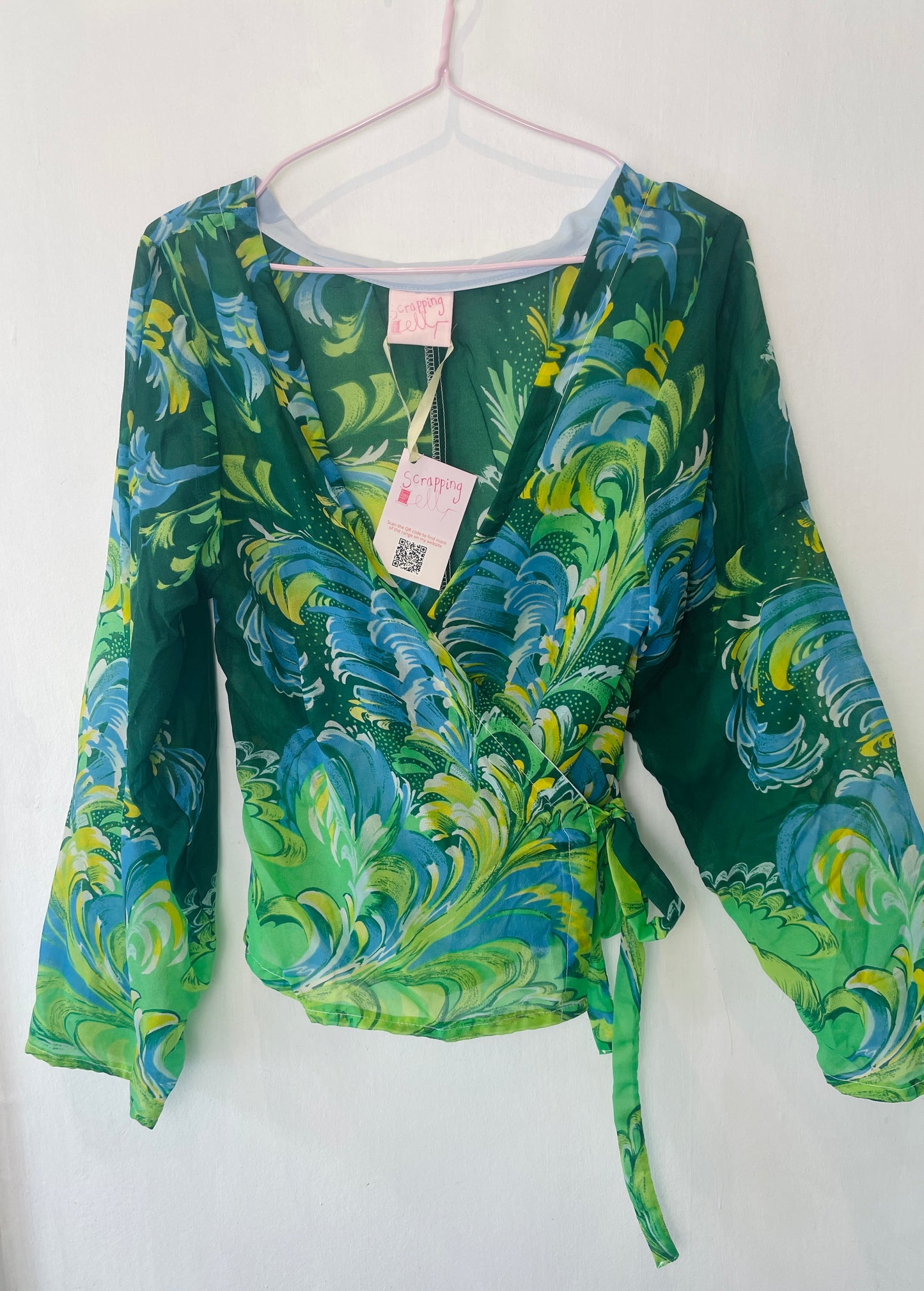 Eve Handmade Green Print Sheer Chiffon Wrap Top - Up To Size 12