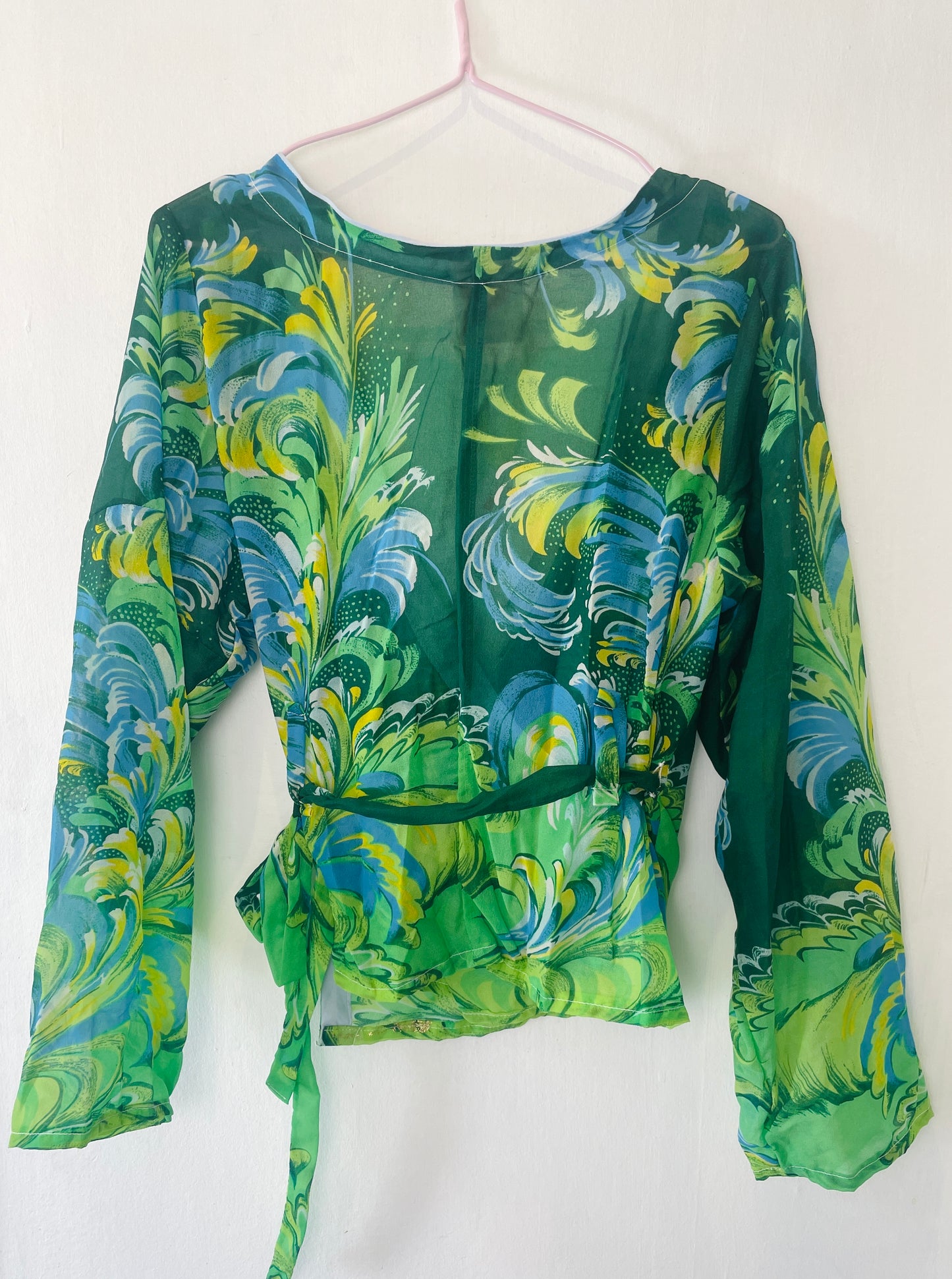 Eve Handmade Green Print Sheer Chiffon Wrap Top - Up To Size 12