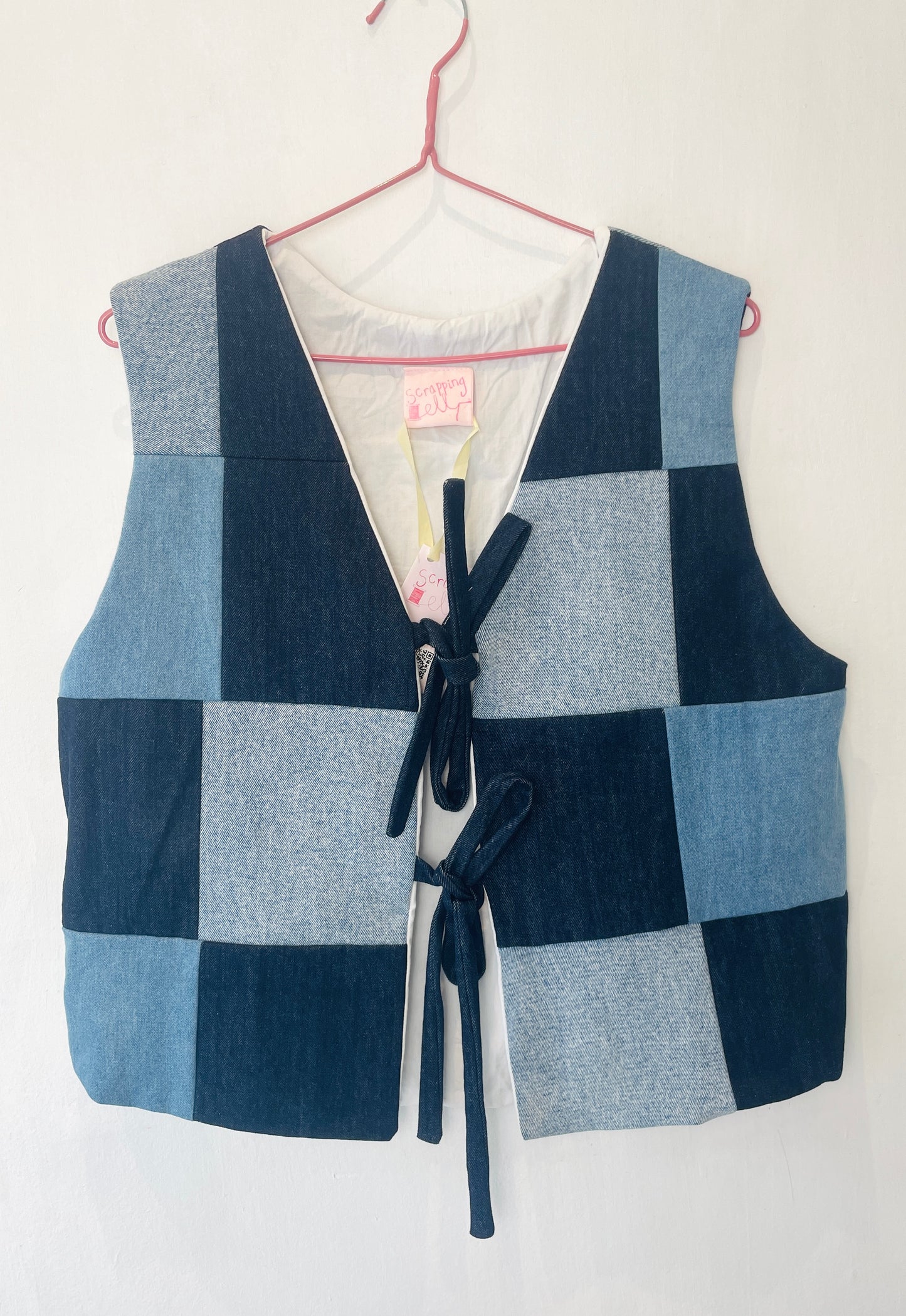 Zoe Handmade Blue Denim Patchwork Tie Front Vest Top - Up To Size 14