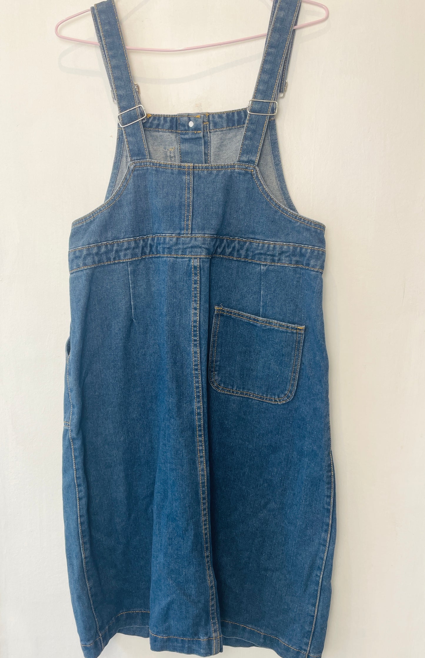 Vintage Y2k Blue Denim Dunagrees Midi Dress - Up To Size 10
