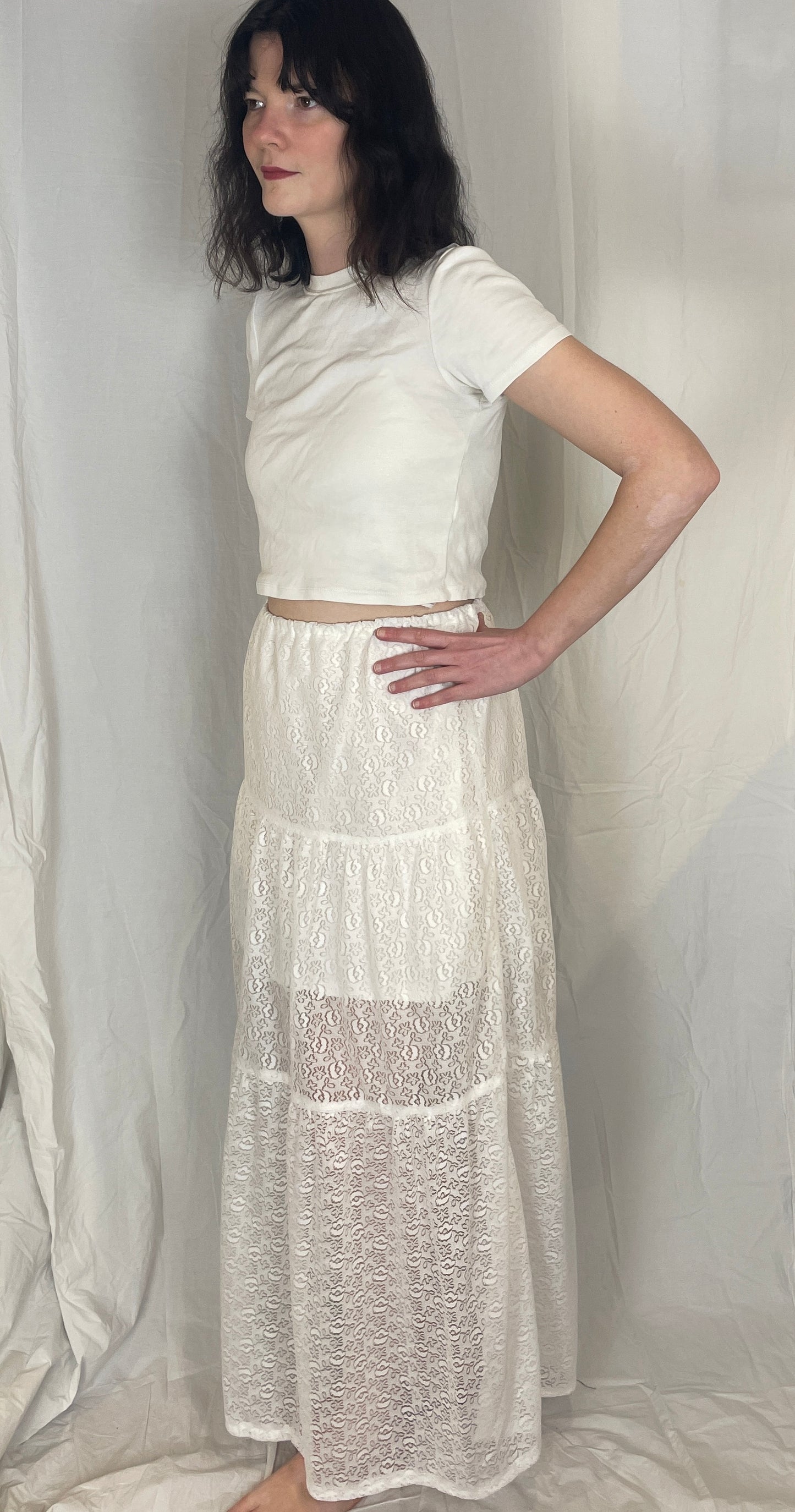 Kelly Handmade White Lace Tiered Maxi Skirt - Size 12