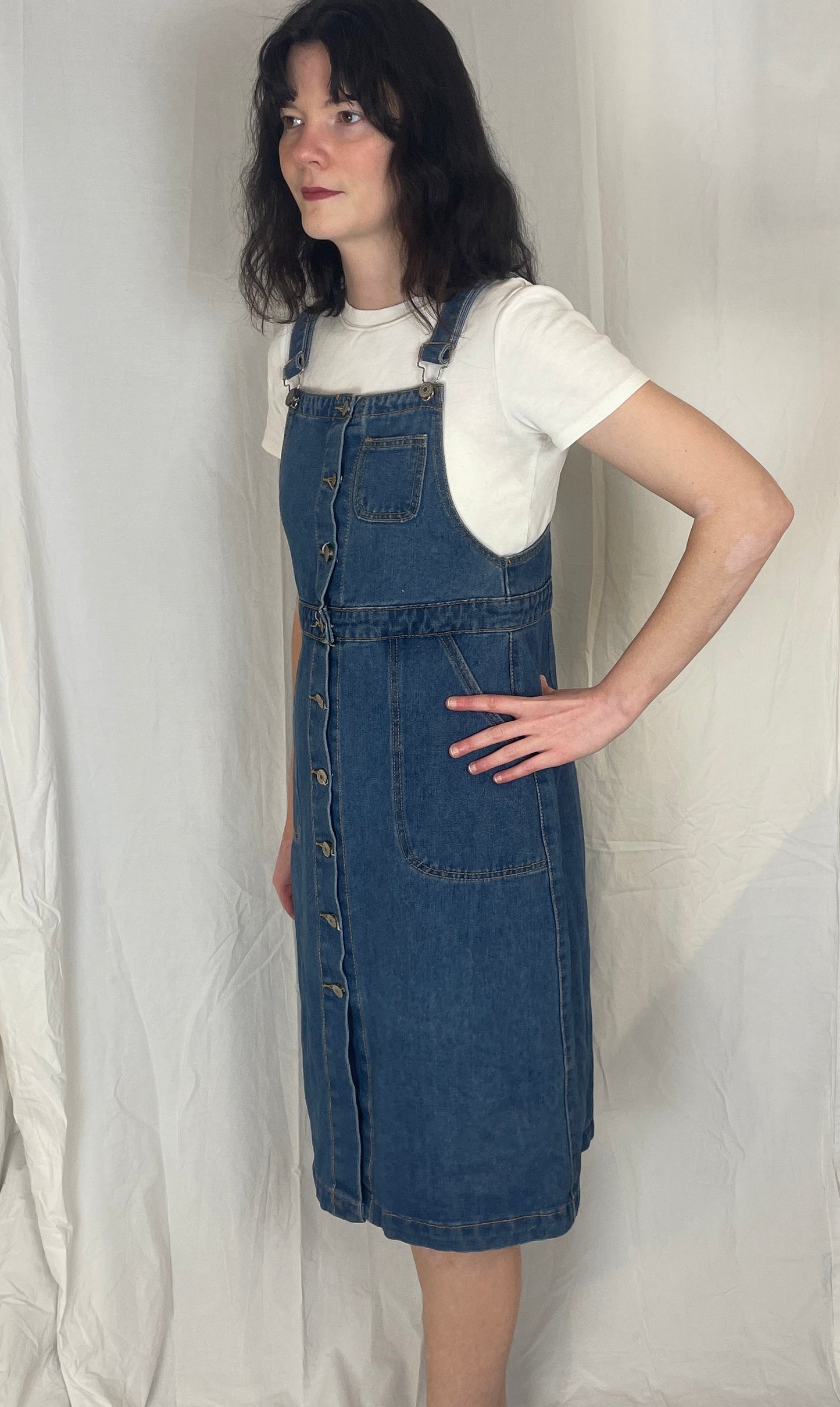 Vintage Y2k Blue Denim Dunagrees Midi Dress - Up To Size 10