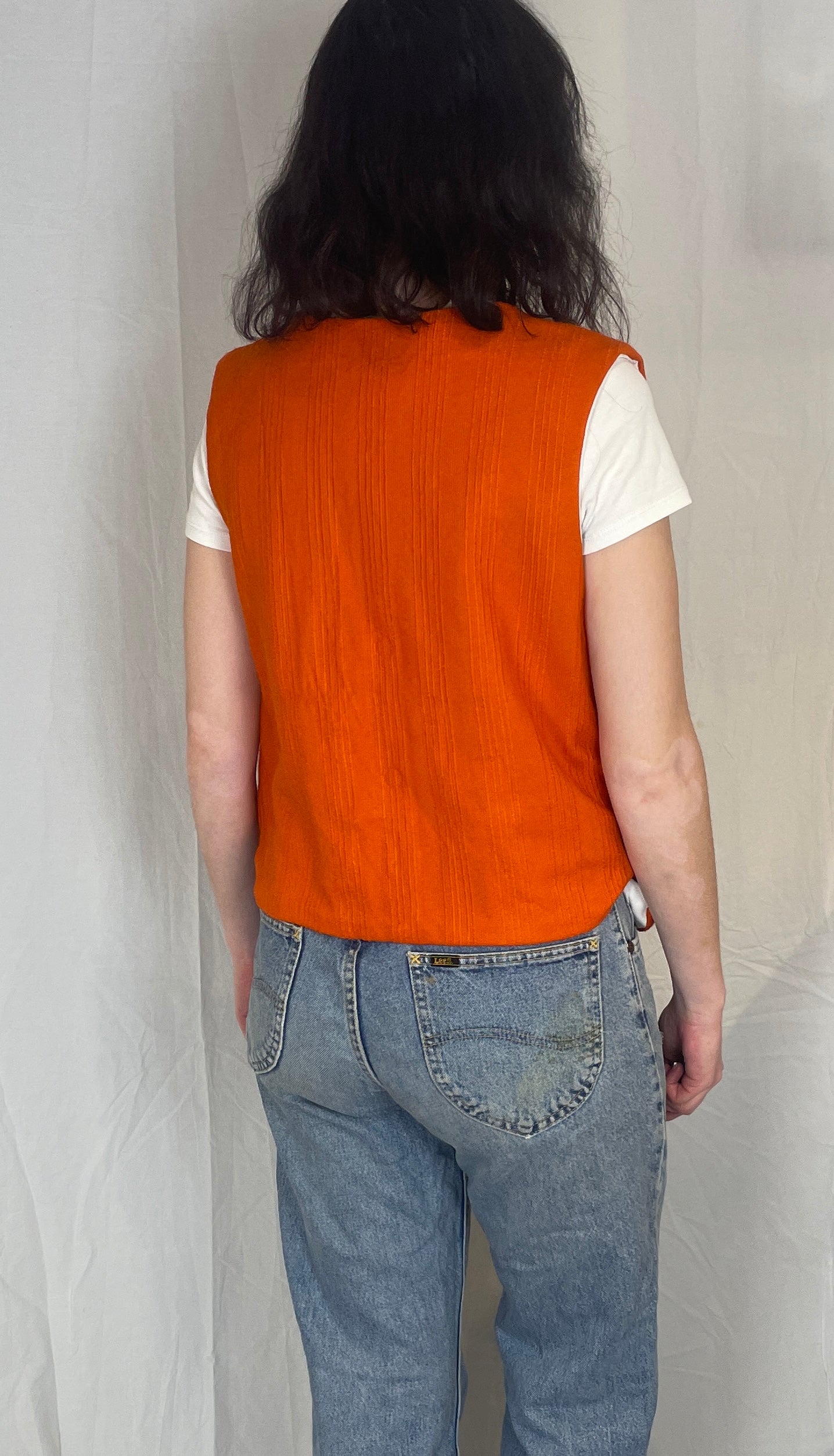 Zoe Handmade Orange Textured Barkcloth Tie Front Vest Top - Up To Size 14