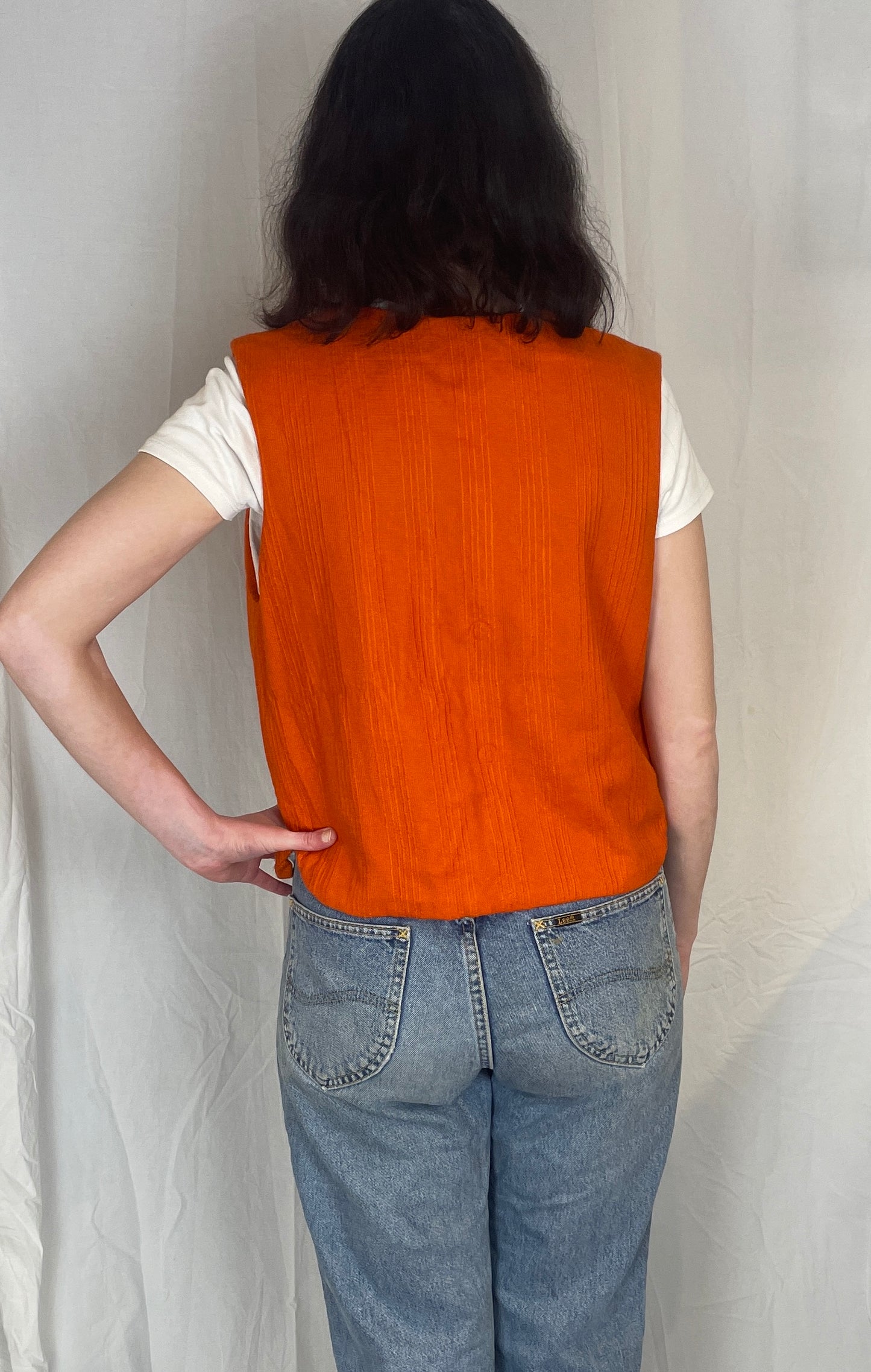 Zoe Handmade Orange Textured Barkcloth Tie Front Vest Top - Up To Size 14