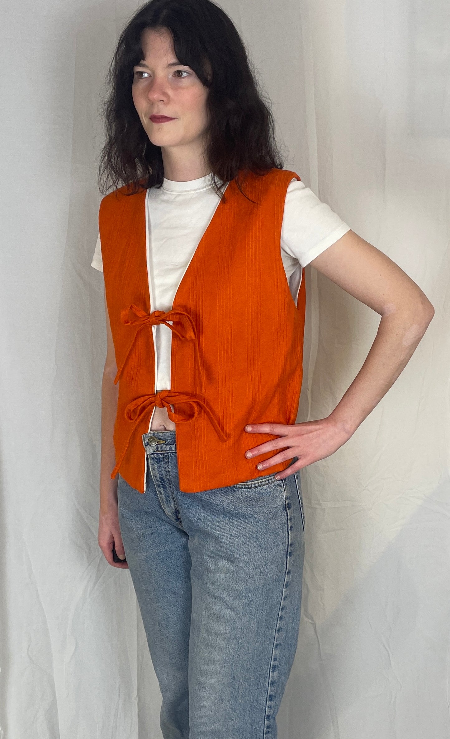 Zoe Handmade Orange Textured Barkcloth Tie Front Vest Top - Up To Size 14