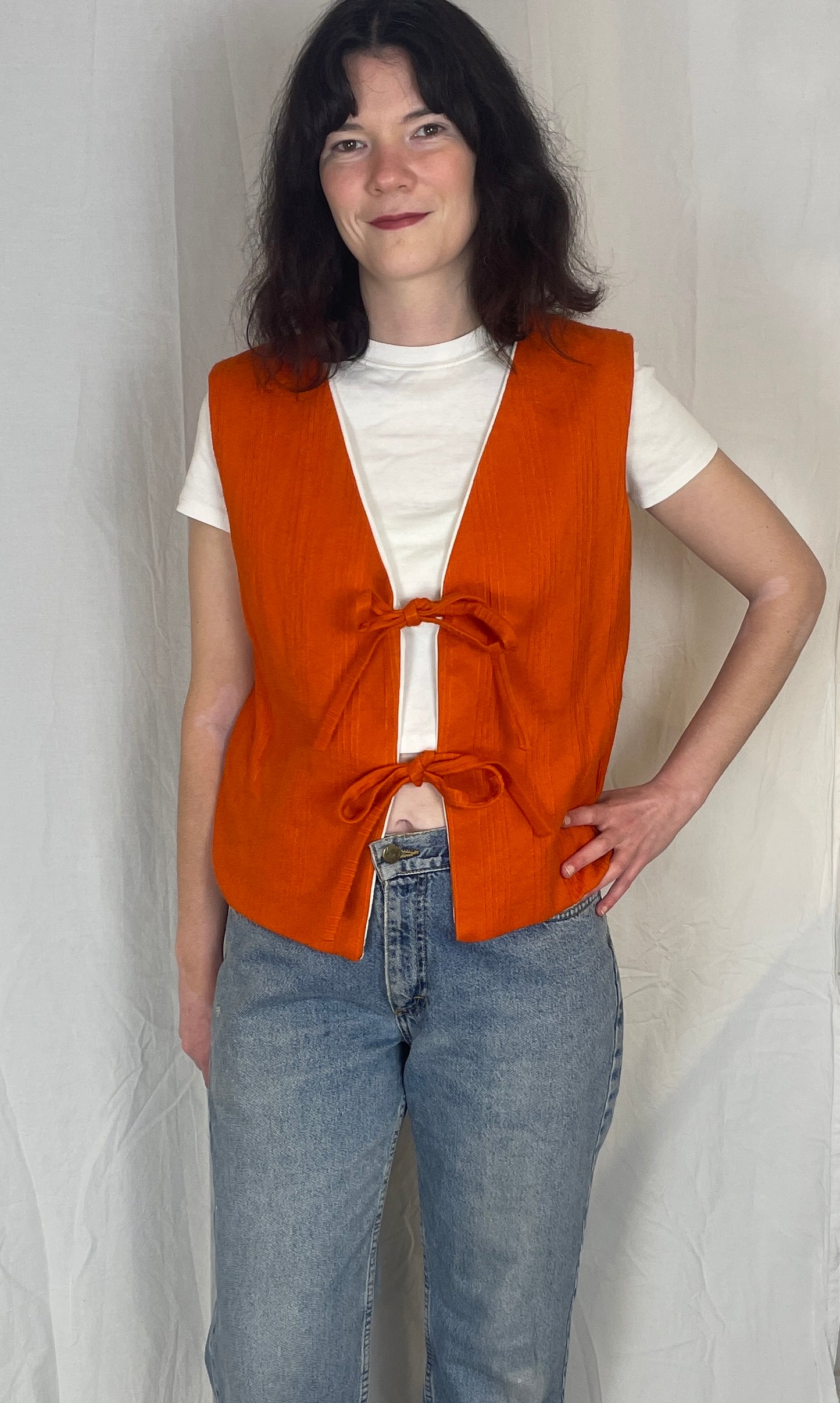 Zoe Handmade Orange Textured Barkcloth Tie Front Vest Top - Up To Size 14