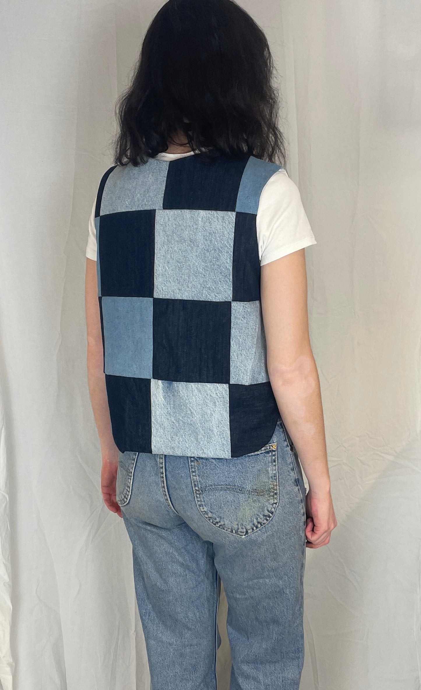 Zoe Handmade Blue Denim Patchwork Tie Front Vest Top - Up To Size 14