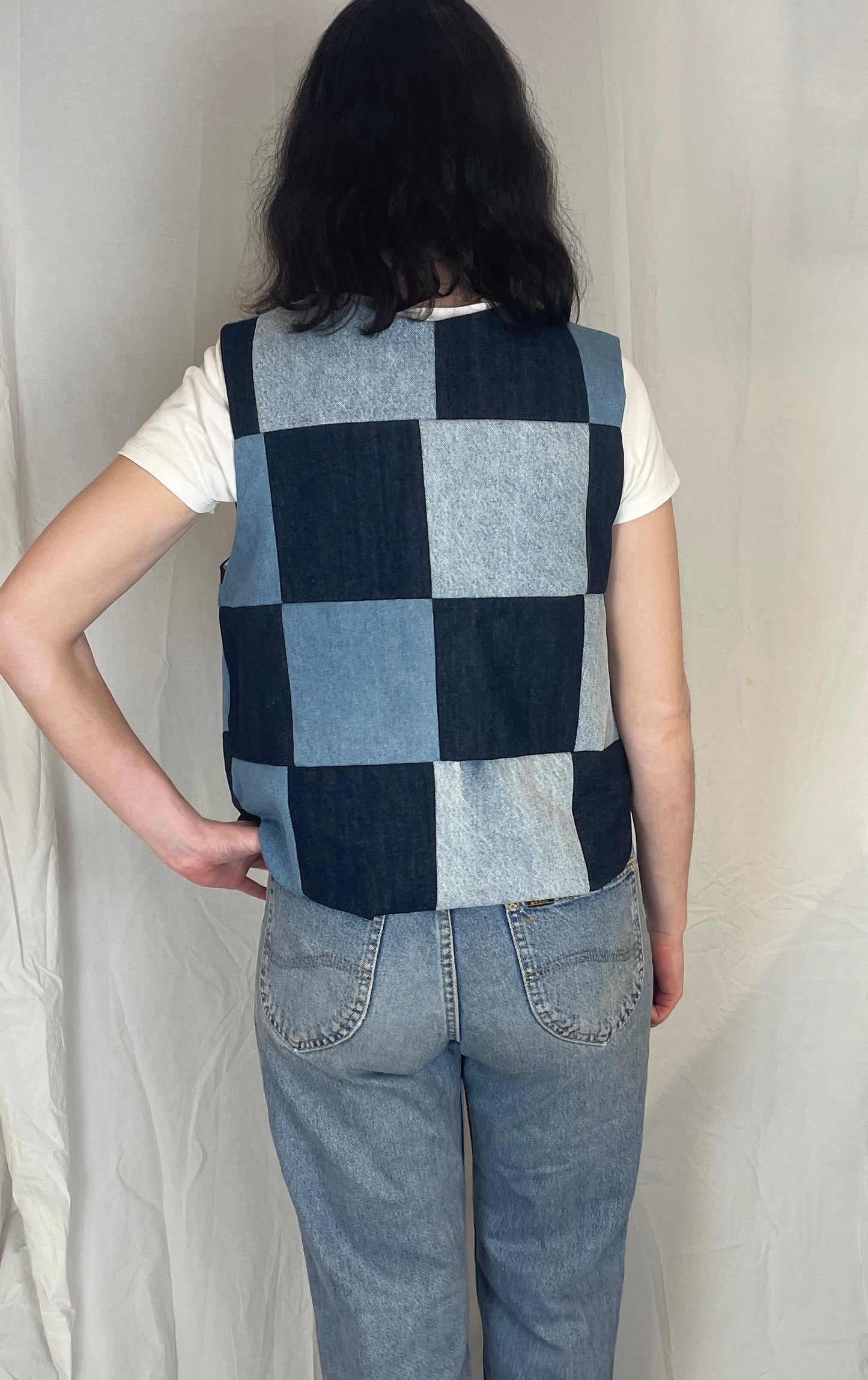 Zoe Handmade Blue Denim Patchwork Tie Front Vest Top - Up To Size 14