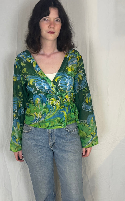 Eve Handmade Green Print Sheer Chiffon Wrap Top - Up To Size 12