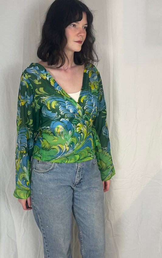 Eve Handmade Green Print Sheer Chiffon Wrap Top - Up To Size 12
