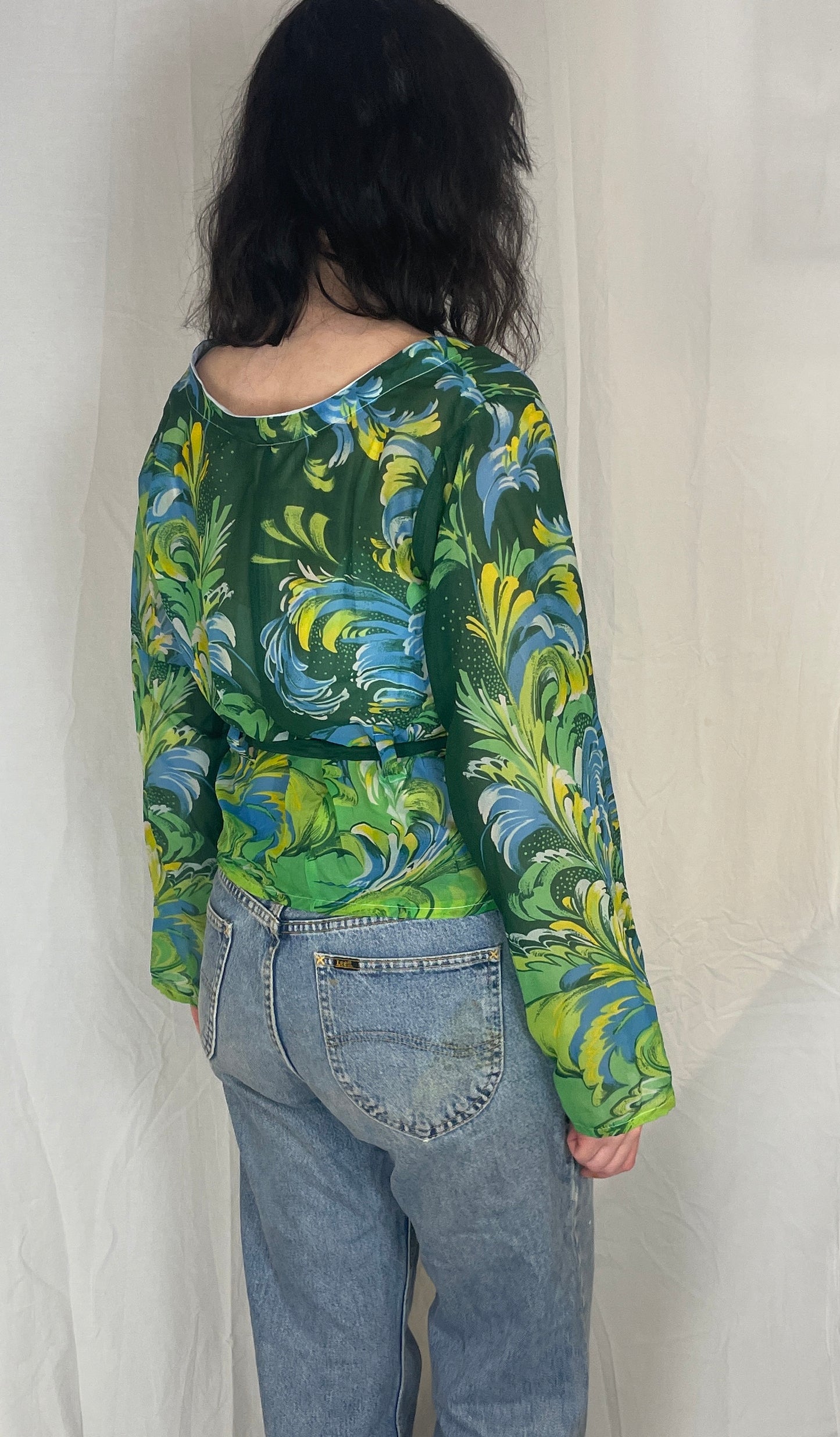 Eve Handmade Green Print Sheer Chiffon Wrap Top - Up To Size 12