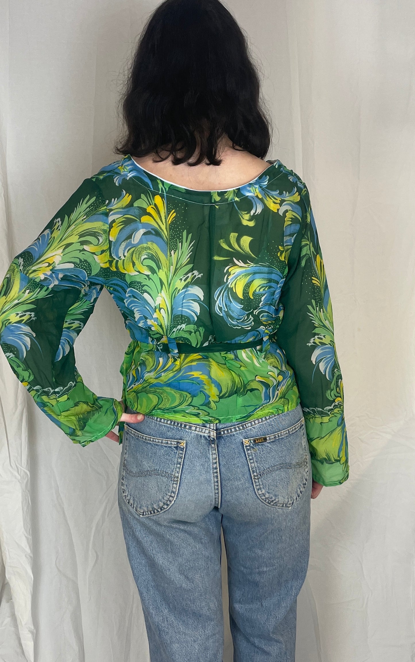 Eve Handmade Green Print Sheer Chiffon Wrap Top - Up To Size 12