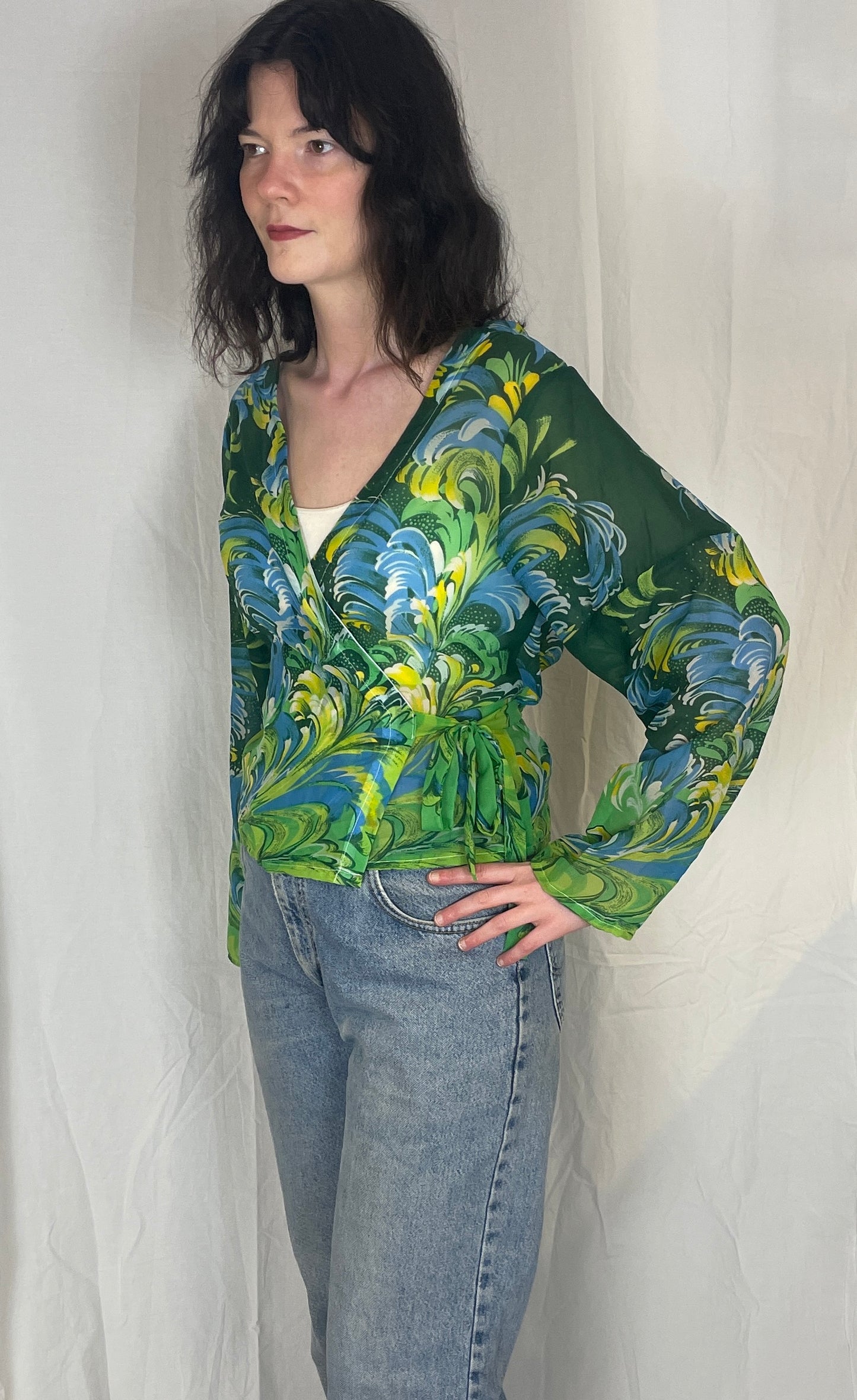 Eve Handmade Green Print Sheer Chiffon Wrap Top - Up To Size 12