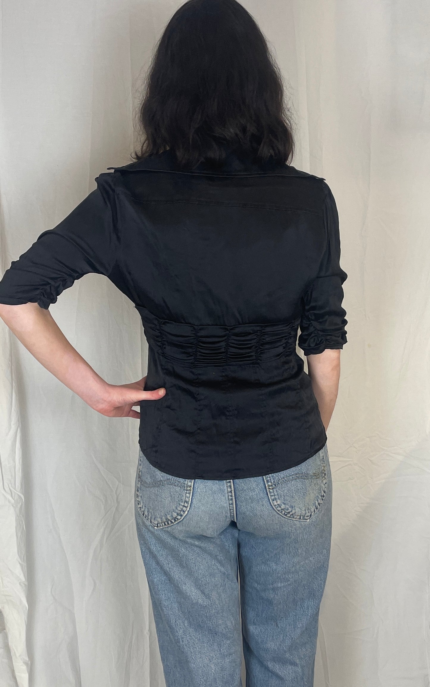 Vintage Y2K Black Ruched Waist Button Silk Shirt - Up To Size 12