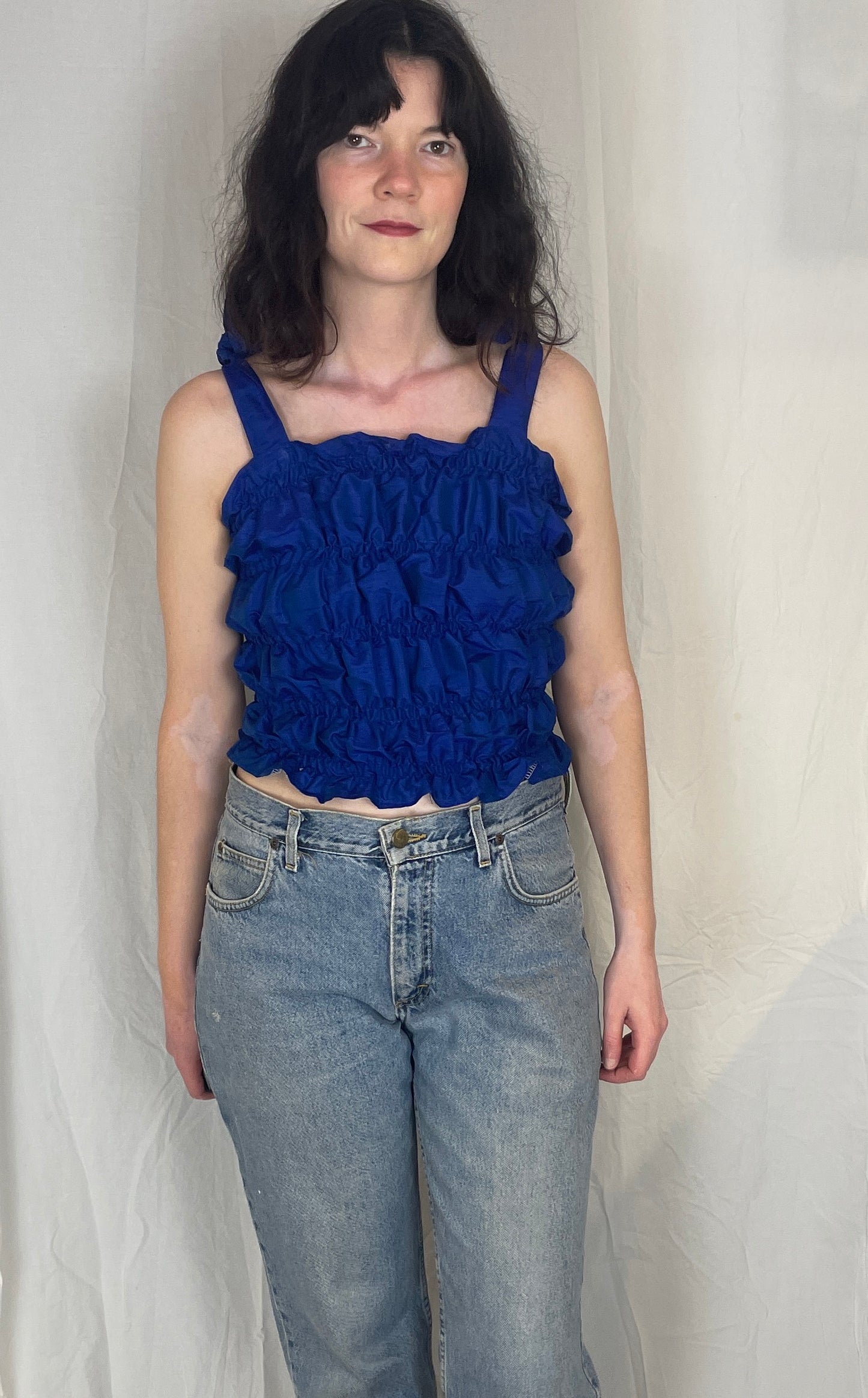 Polly Handmade Blue Silk Shirred Elastic Crop Top - Up To Size 12
