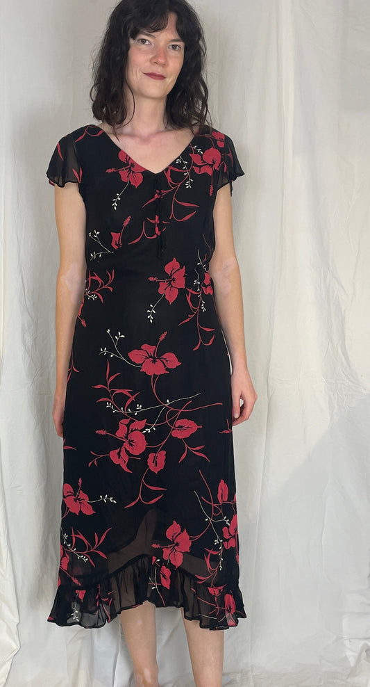 Vintage Y2k Pink Floral Chiffon Ruffle Maxi Dress - Up To Size 14 - scrappingell