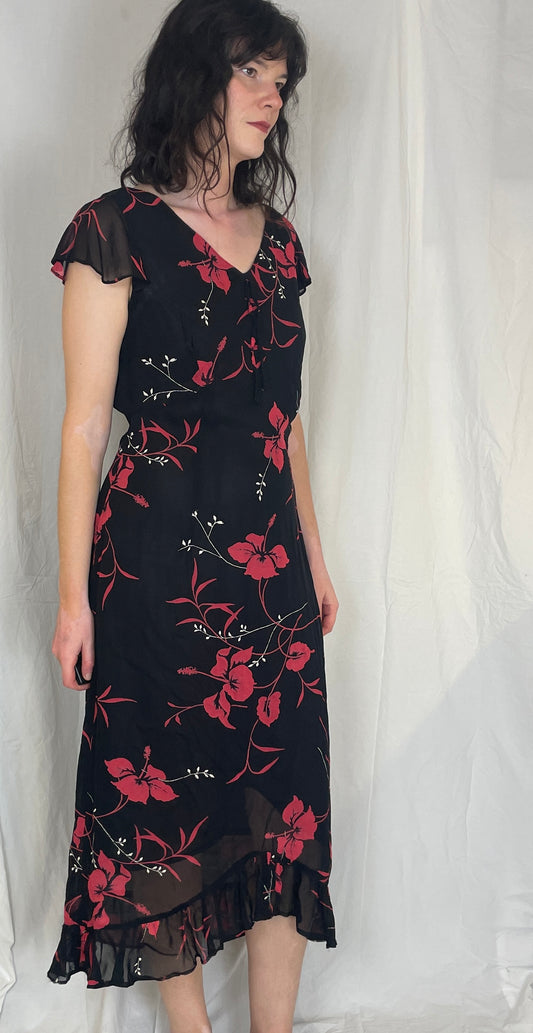 Vintage Y2k Pink Floral Chiffon Ruffle Maxi Dress - Up To Size 14 - scrappingell