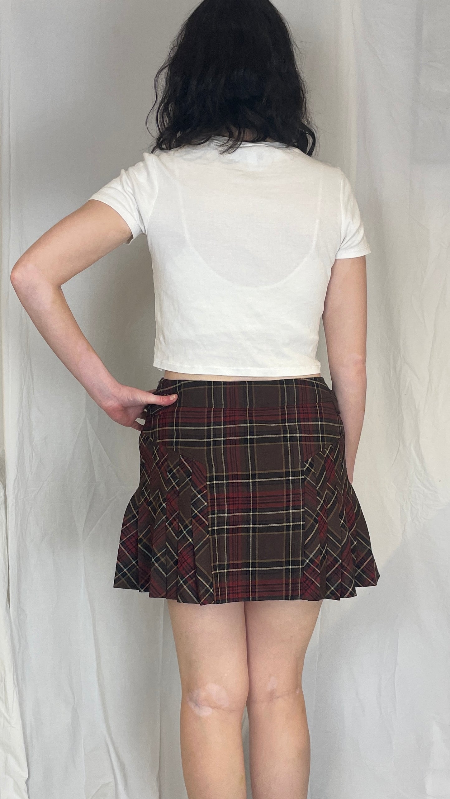 Vintage 90s Burgandy Tartan Pleated Wool Mini Skirt - Size 12